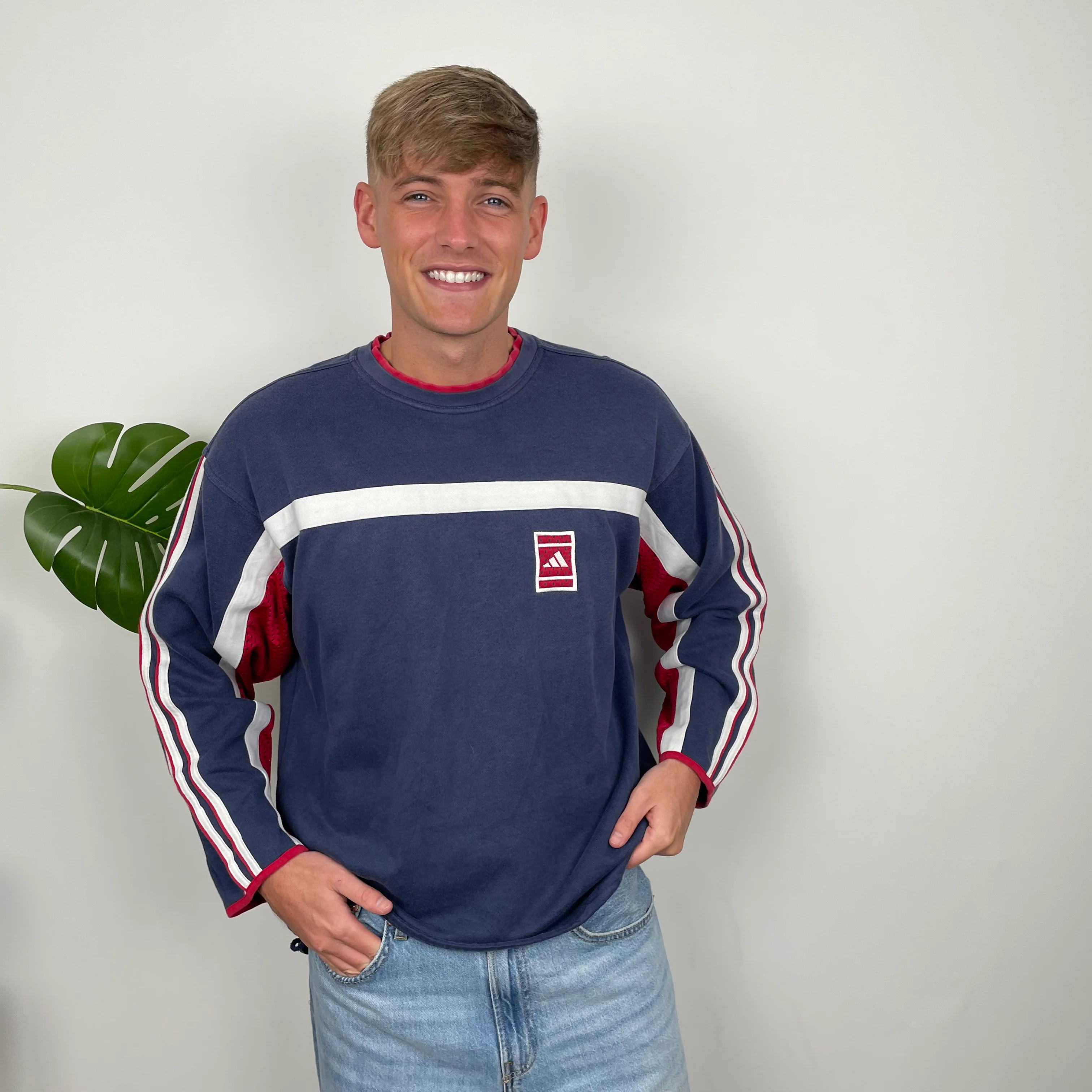 Adidas RARE Red and Navy Embroidered Spell Out Sweatshirt (L) - Image 2