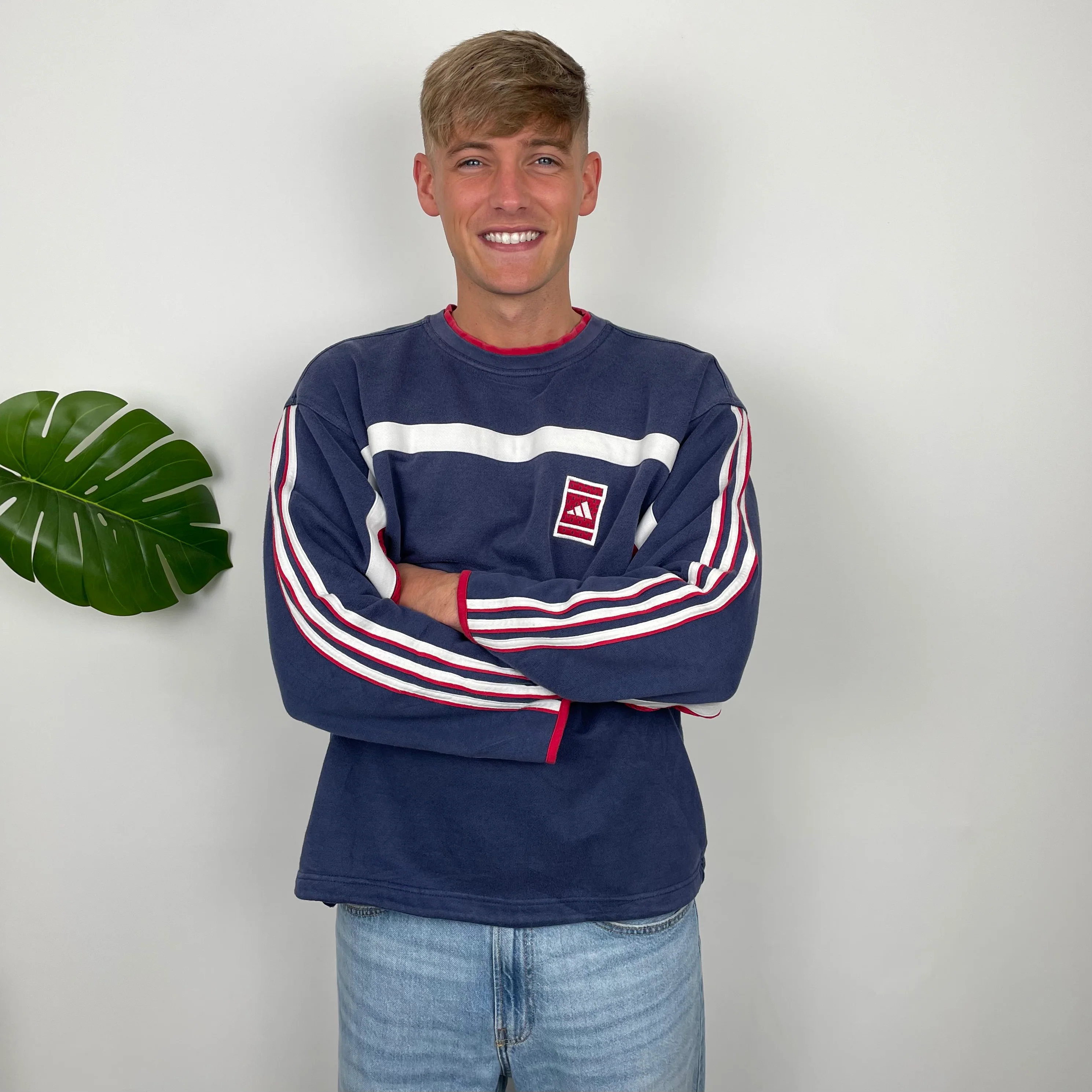 Adidas RARE Red and Navy Embroidered Spell Out Sweatshirt (L) - Image 3