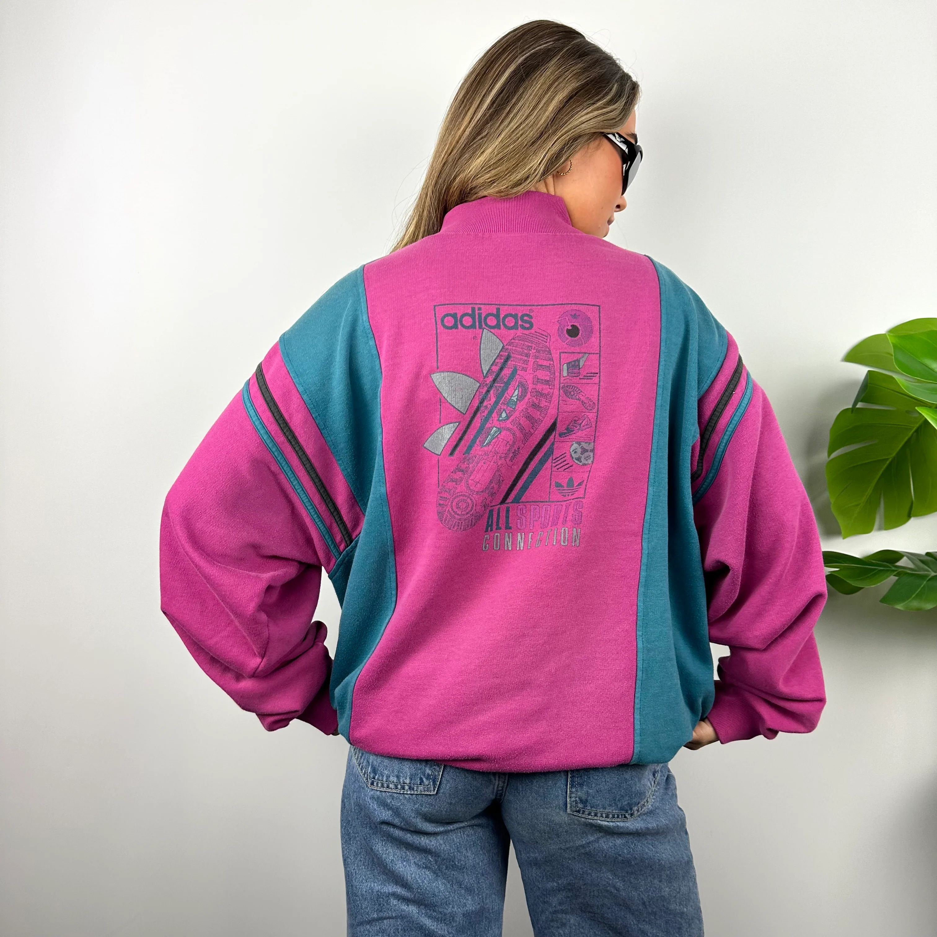 Adidas RARE Turquoise Blue & Pink Spell Out Sweatshirt (L) - Image 4