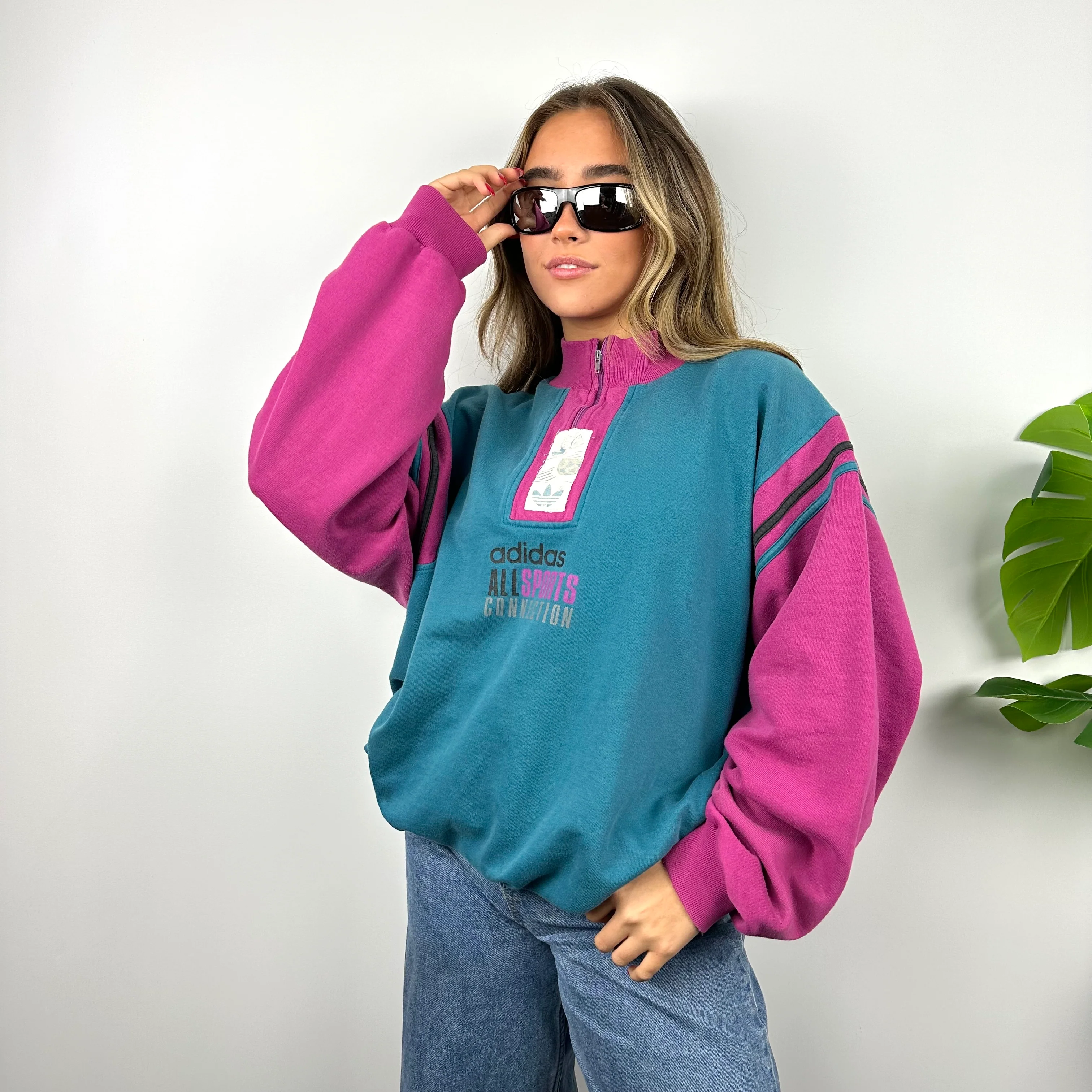 Adidas RARE Turquoise Blue & Pink Spell Out Sweatshirt (L) - Image 7