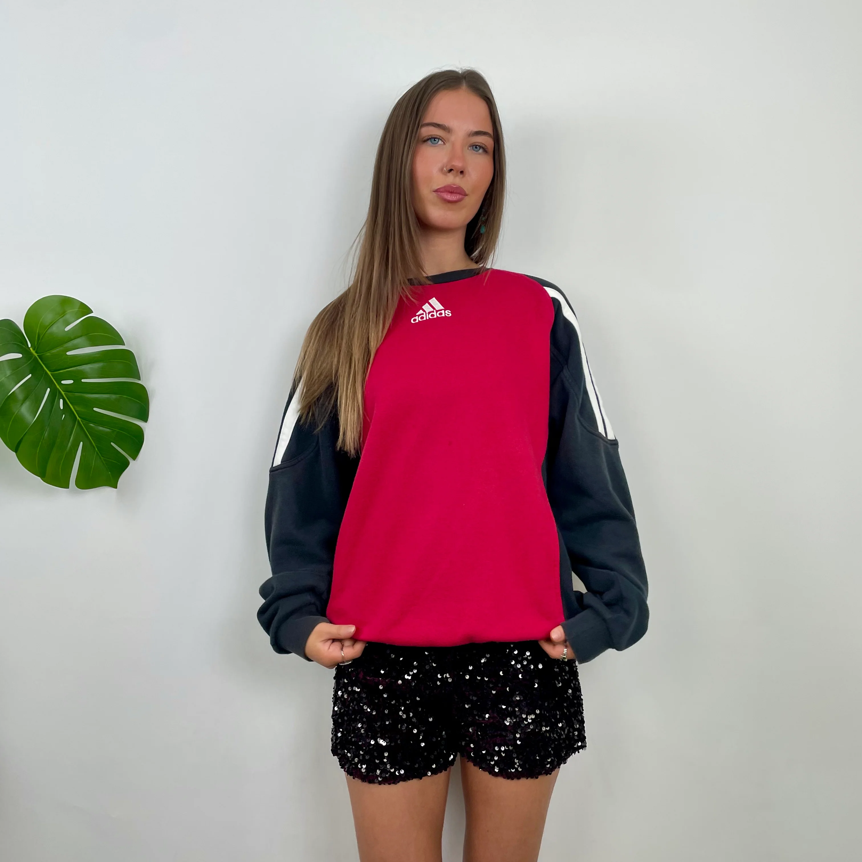 Adidas Red & Black Embroidered Spell Out Colour Block Sweatshirt (L)