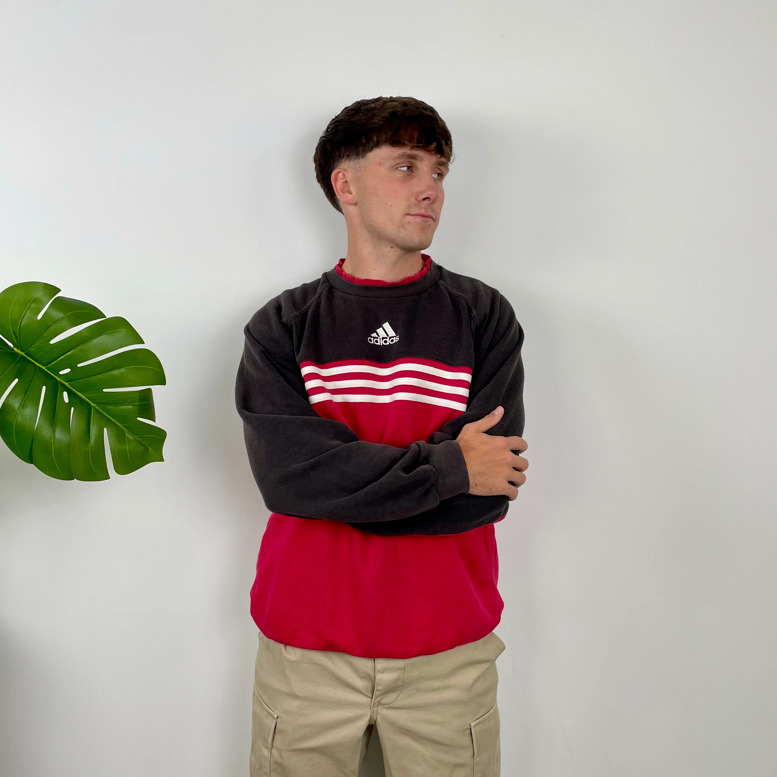 Adidas Red & Black Embroidered Spell Out Colour Block Sweatshirt (L) - Image 4