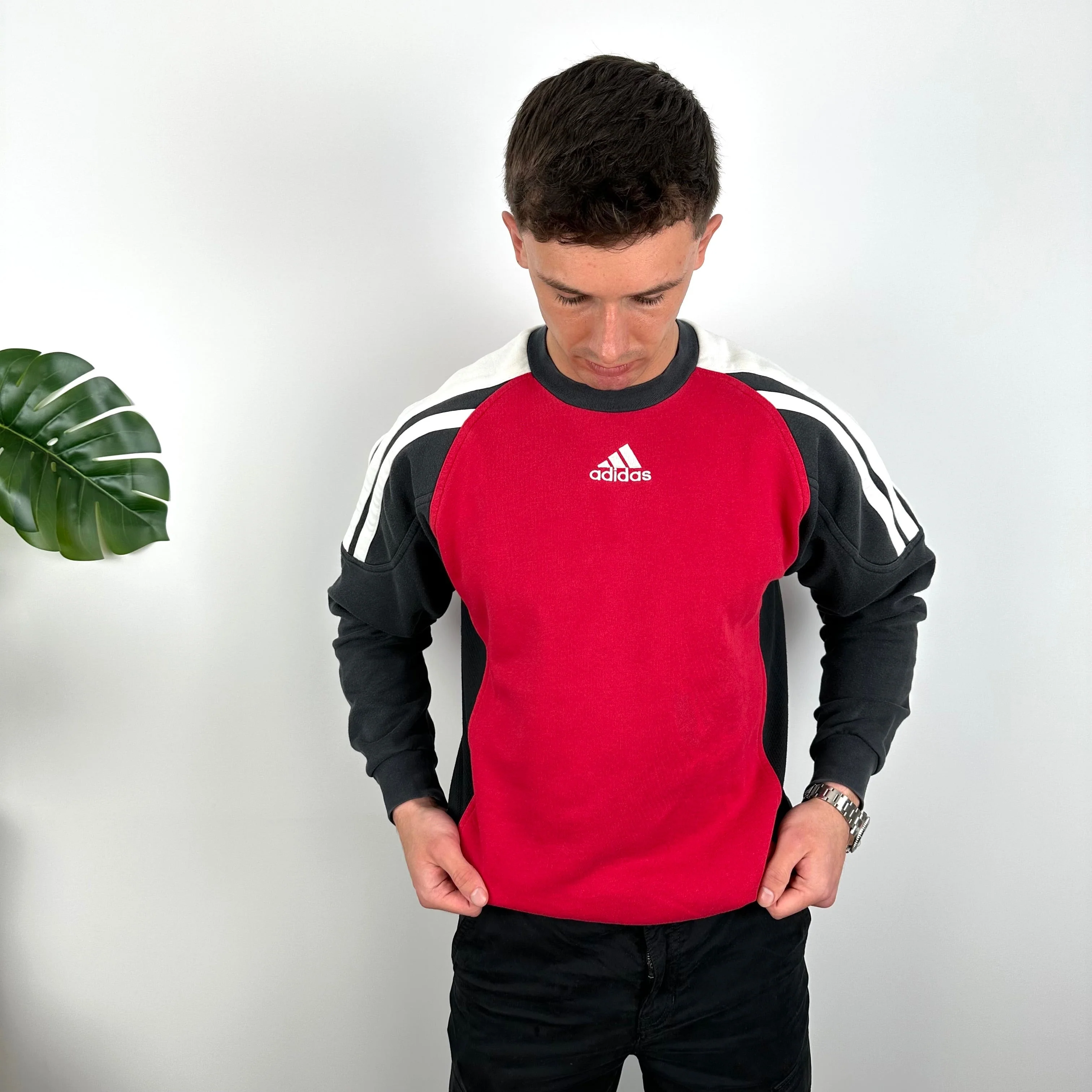 Adidas Red & Black Embroidered Spell Out Colour Block Sweatshirt (XL) - Image 3