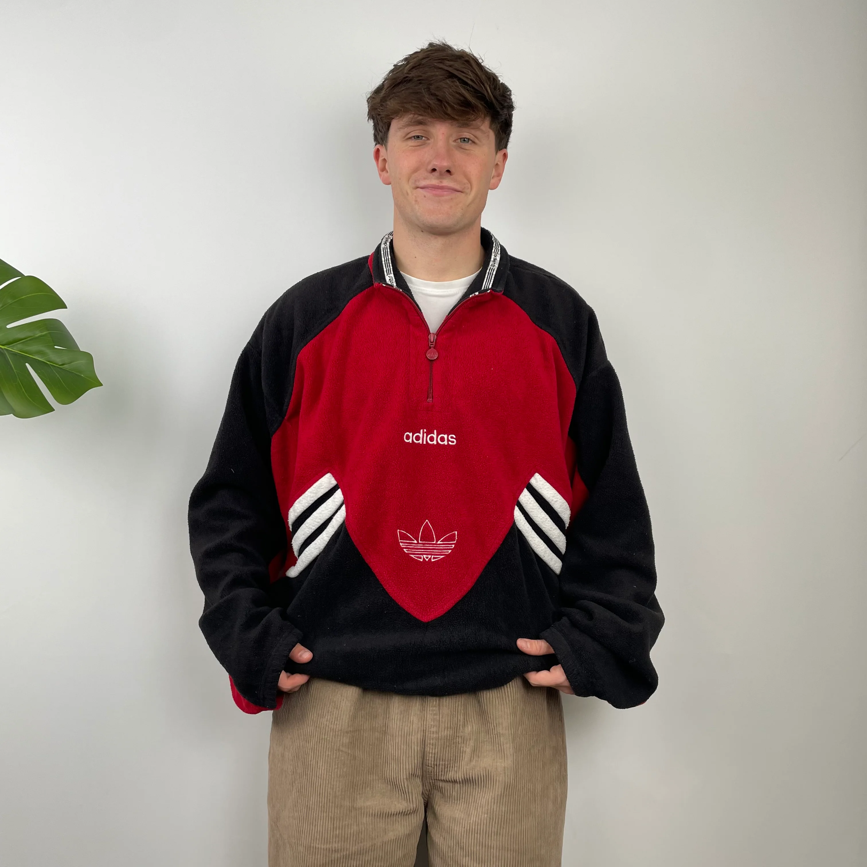 Adidas Red Colour Block Embroidered Spell Out Teddy Bear Fleece Quarter Zip Sweatshirt (L)