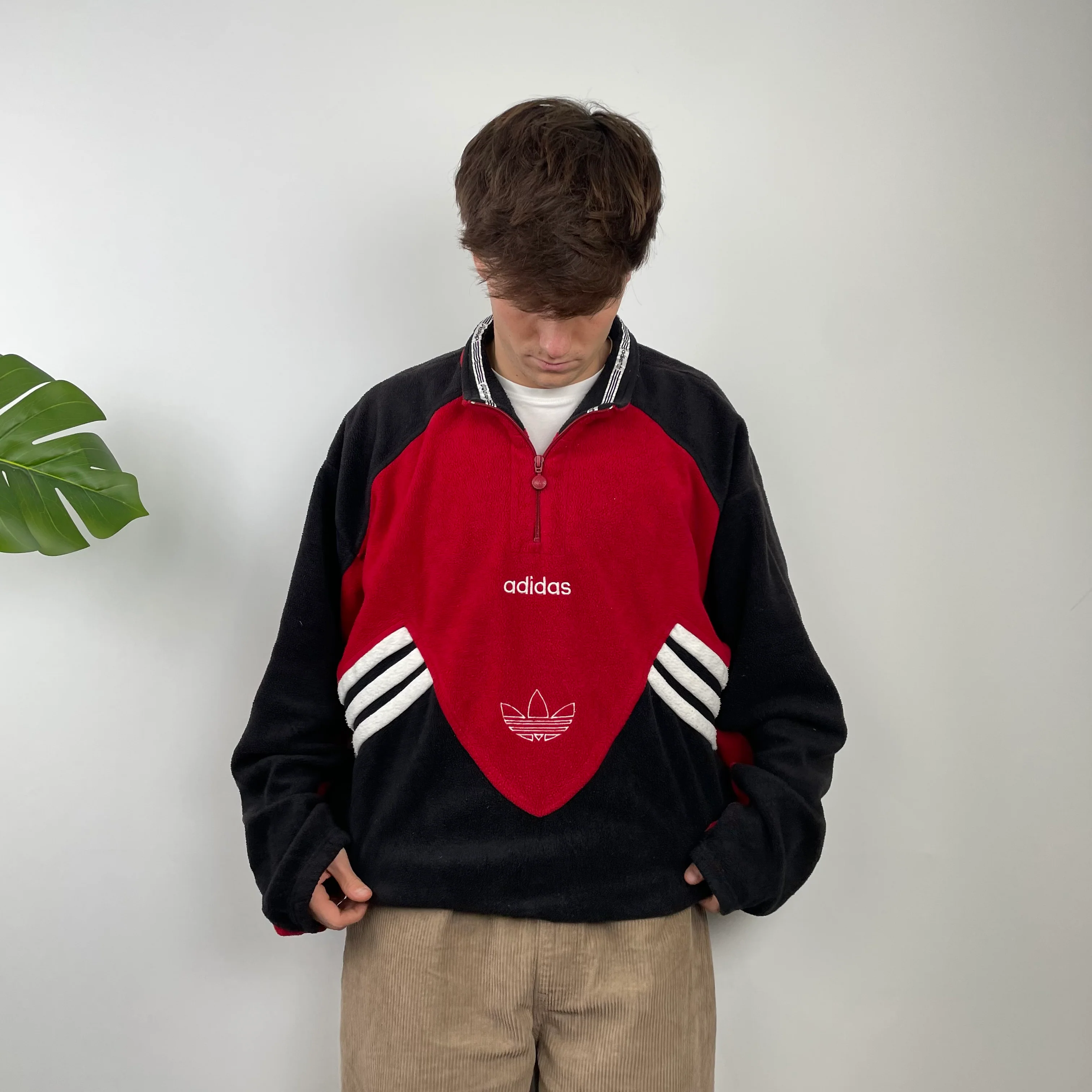 Adidas Red Colour Block Embroidered Spell Out Teddy Bear Fleece Quarter Zip Sweatshirt (L) - Image 4