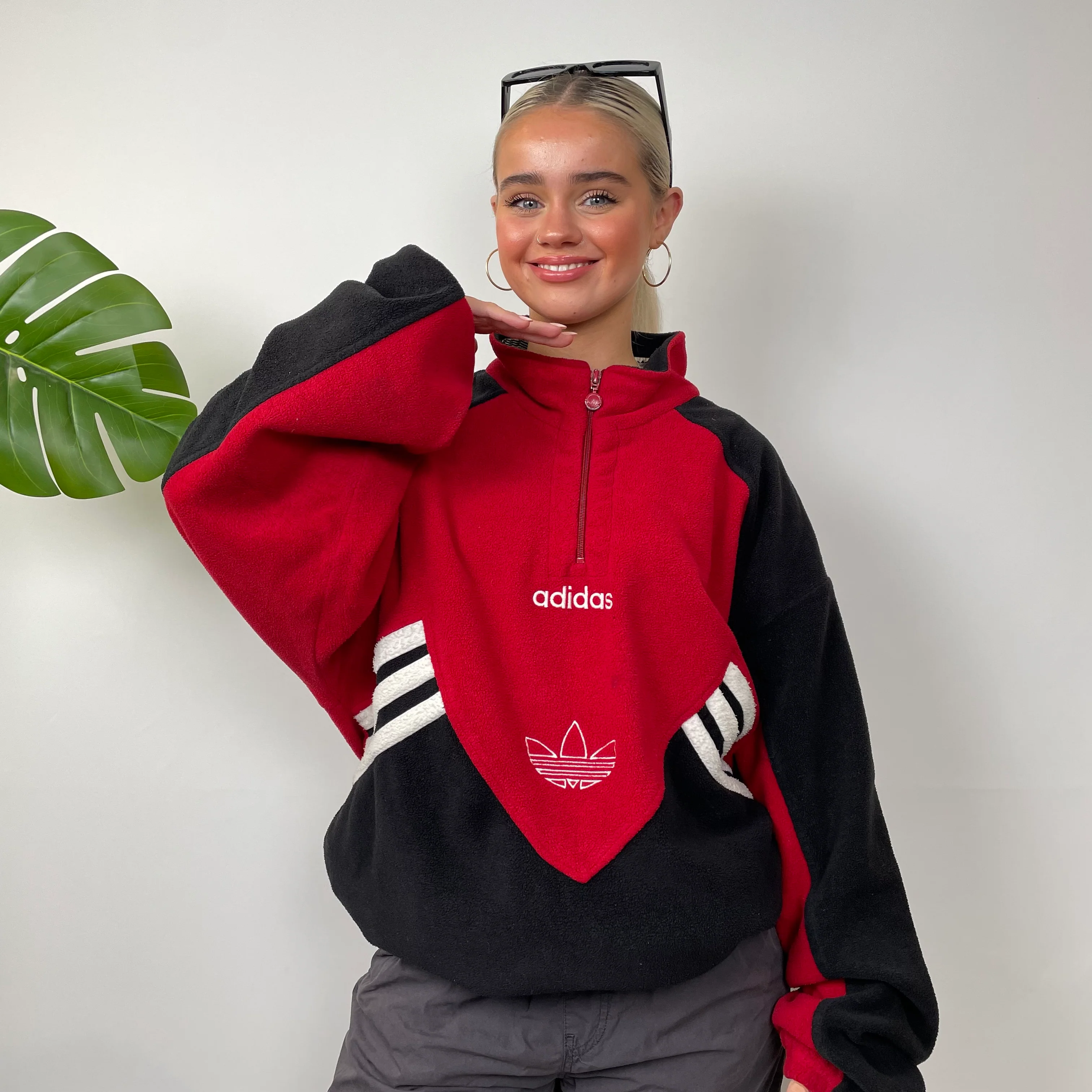 Adidas Red Colour Block Embroidered Spell Out Teddy Bear Fleece Quarter Zip Sweatshirt (L) - Image 2