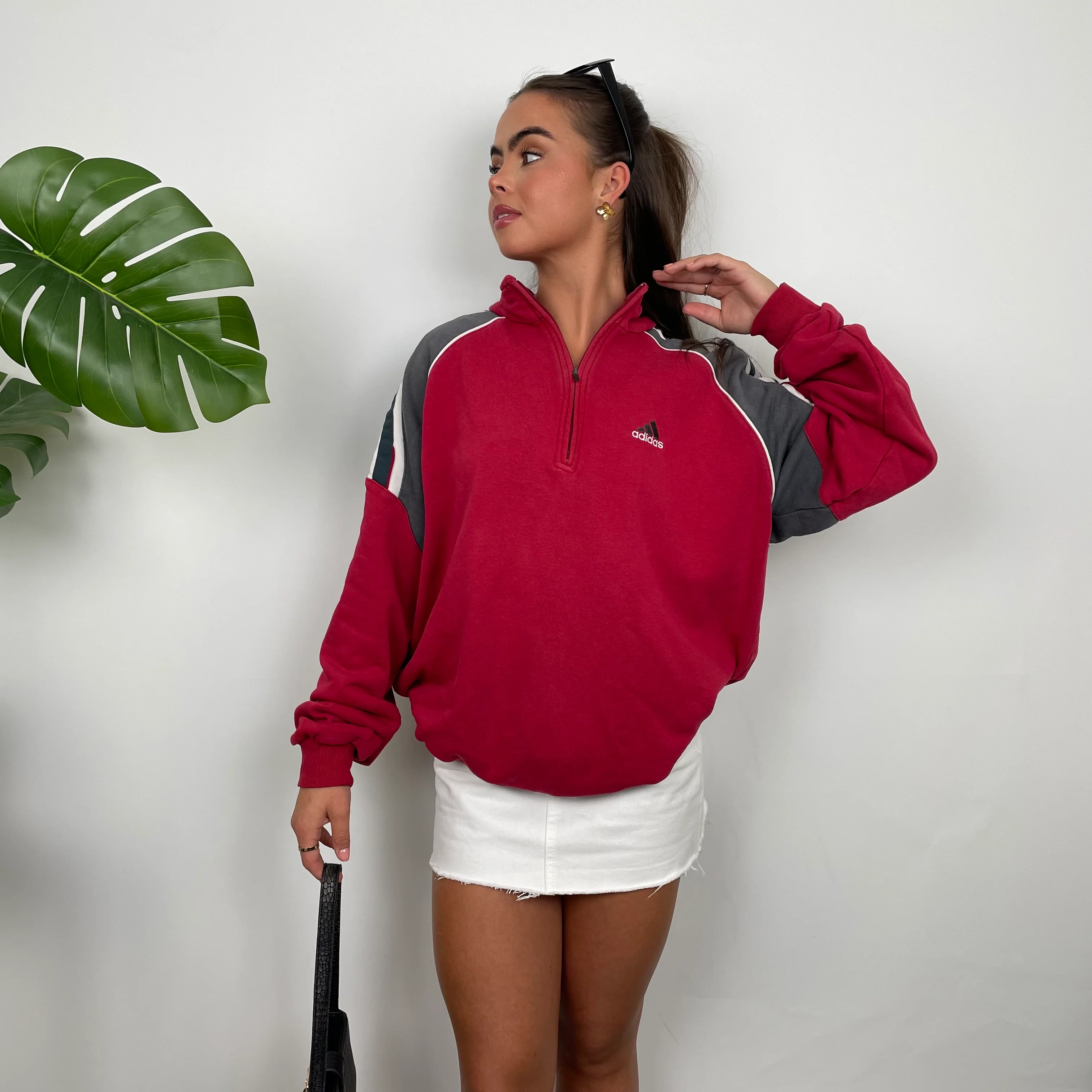 Adidas Red Embroidered Spell Out Quarter Zip Sweatshirt (L) - Image 3