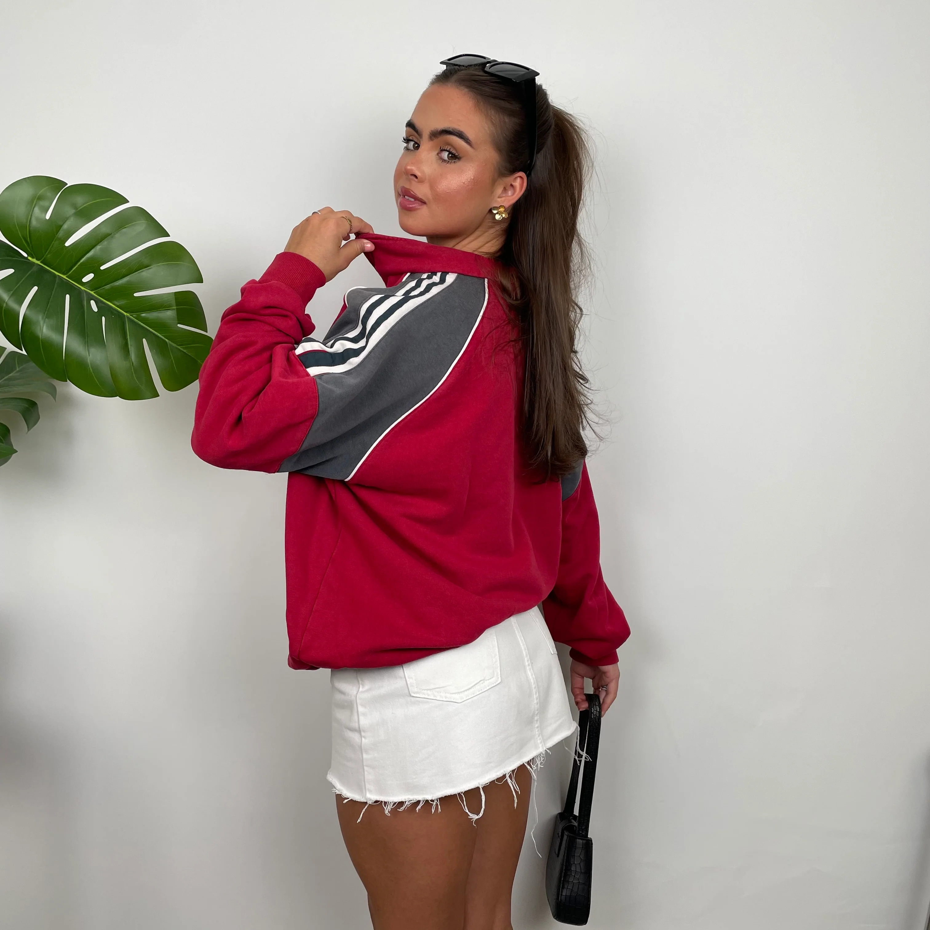 Adidas Red Embroidered Spell Out Quarter Zip Sweatshirt (L) - Image 6