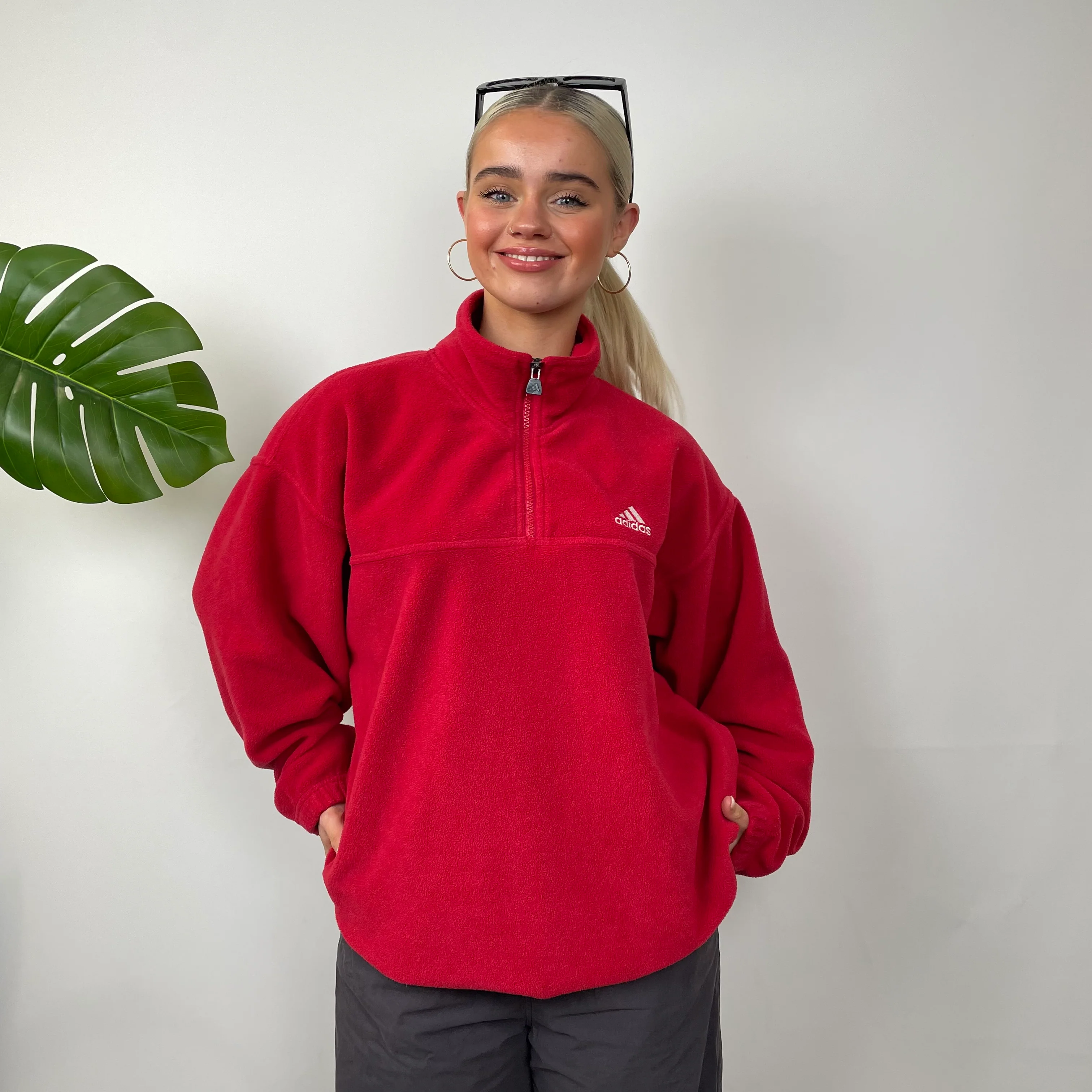 Adidas Red Embroidered Spell Out Teddy Bear Fleece Quarter Zip Sweatshirt (L) - Image 5