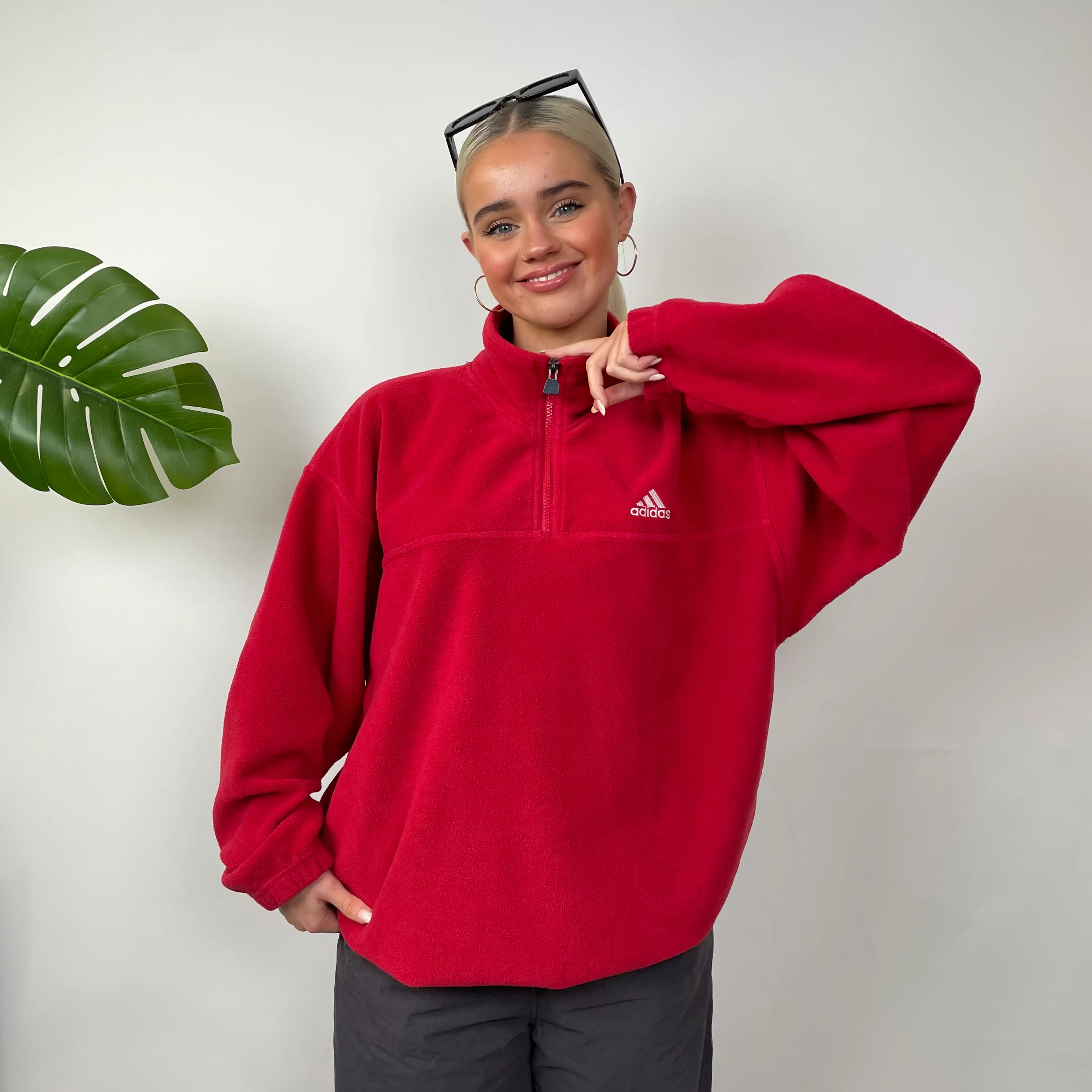 Adidas Red Embroidered Spell Out Teddy Bear Fleece Quarter Zip Sweatshirt (L) - Image 6
