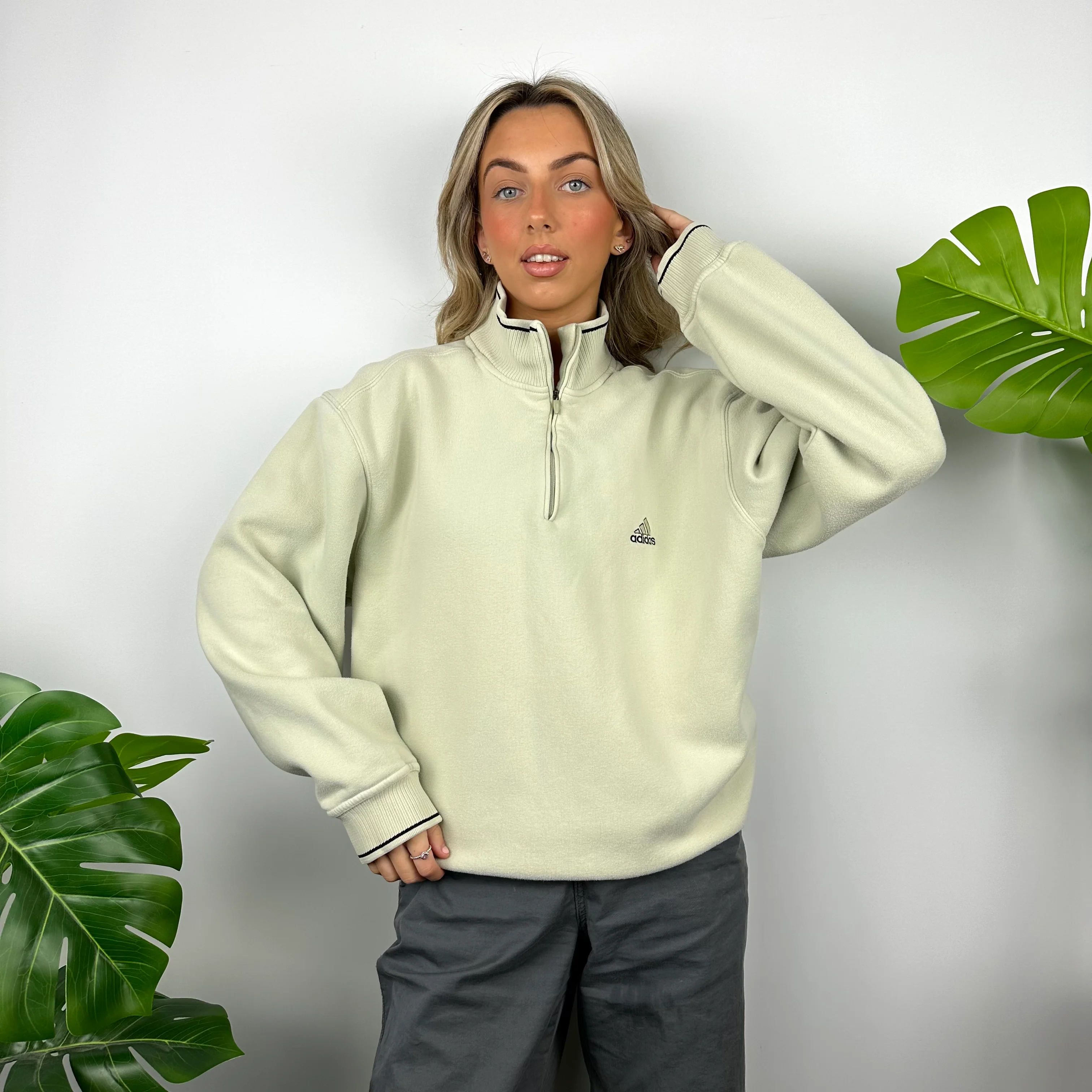Adidas Cream Embroidered Spell Out Quarter Zip Sweatshirt (L) - Image 2