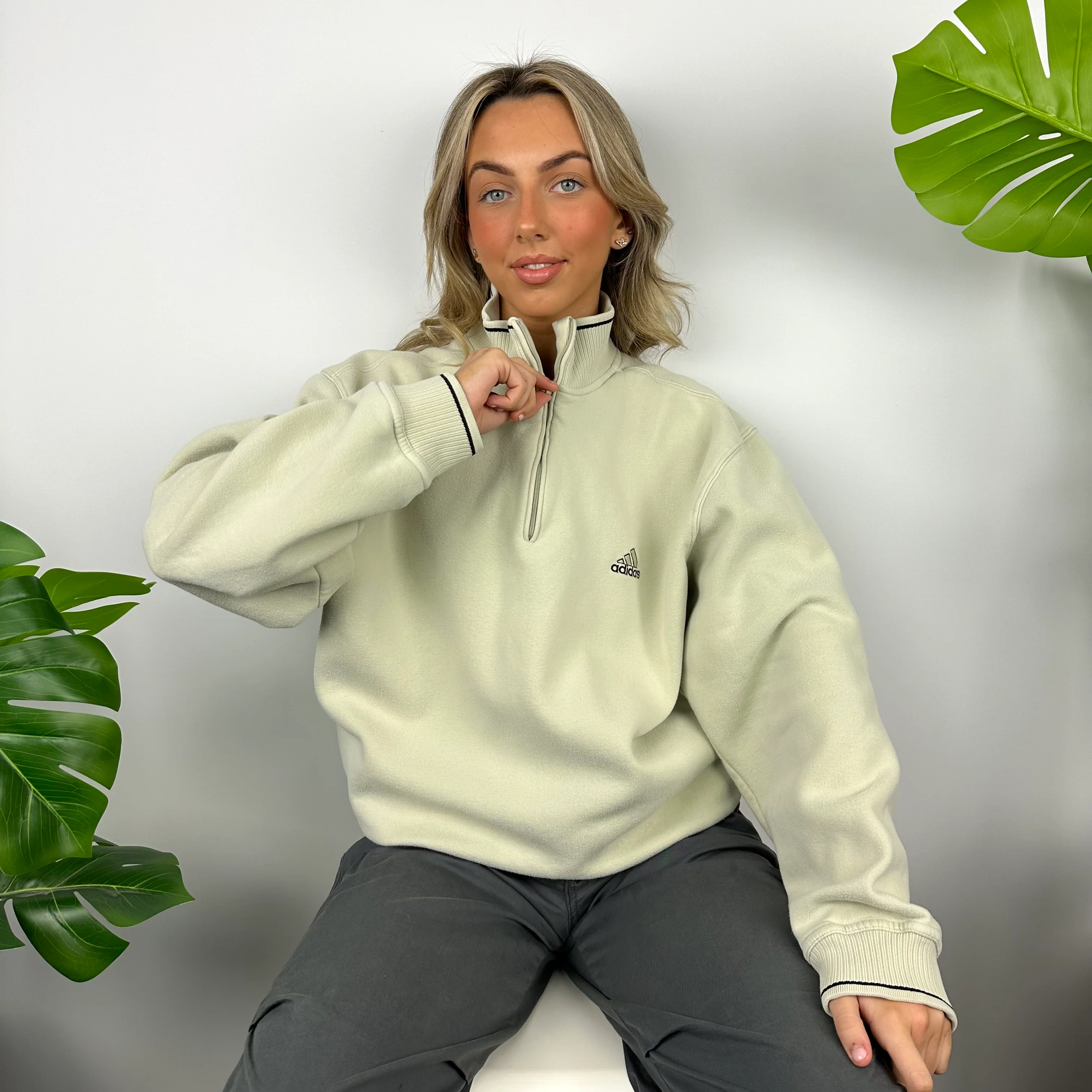 Adidas Cream Embroidered Spell Out Quarter Zip Sweatshirt (L) - Image 3
