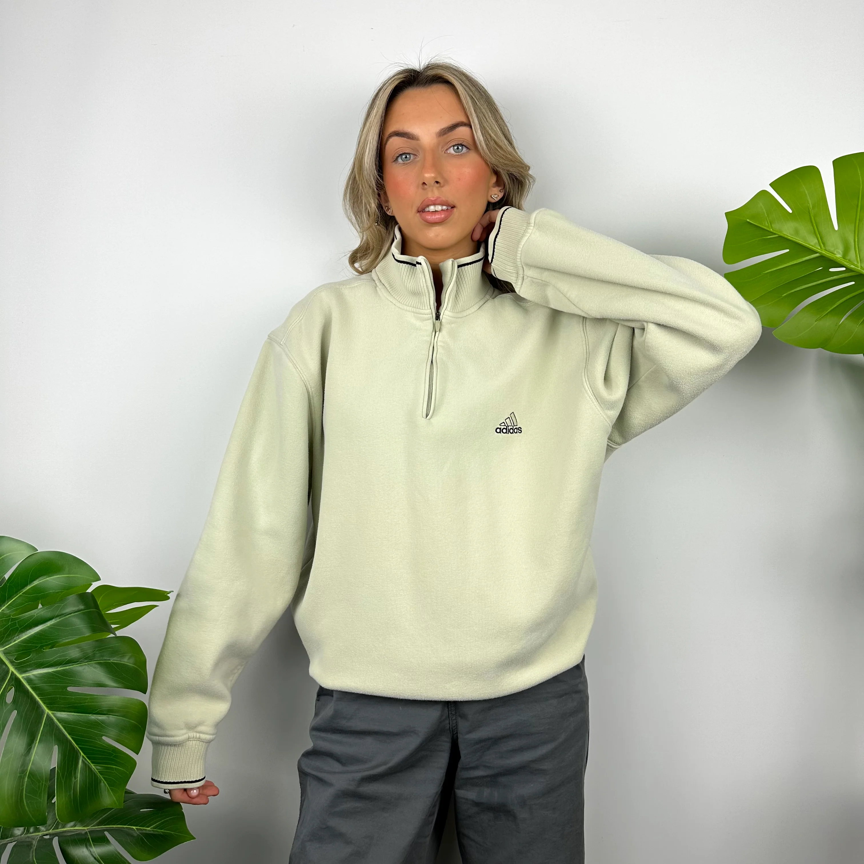 Adidas Cream Embroidered Spell Out Quarter Zip Sweatshirt (L) - Image 4