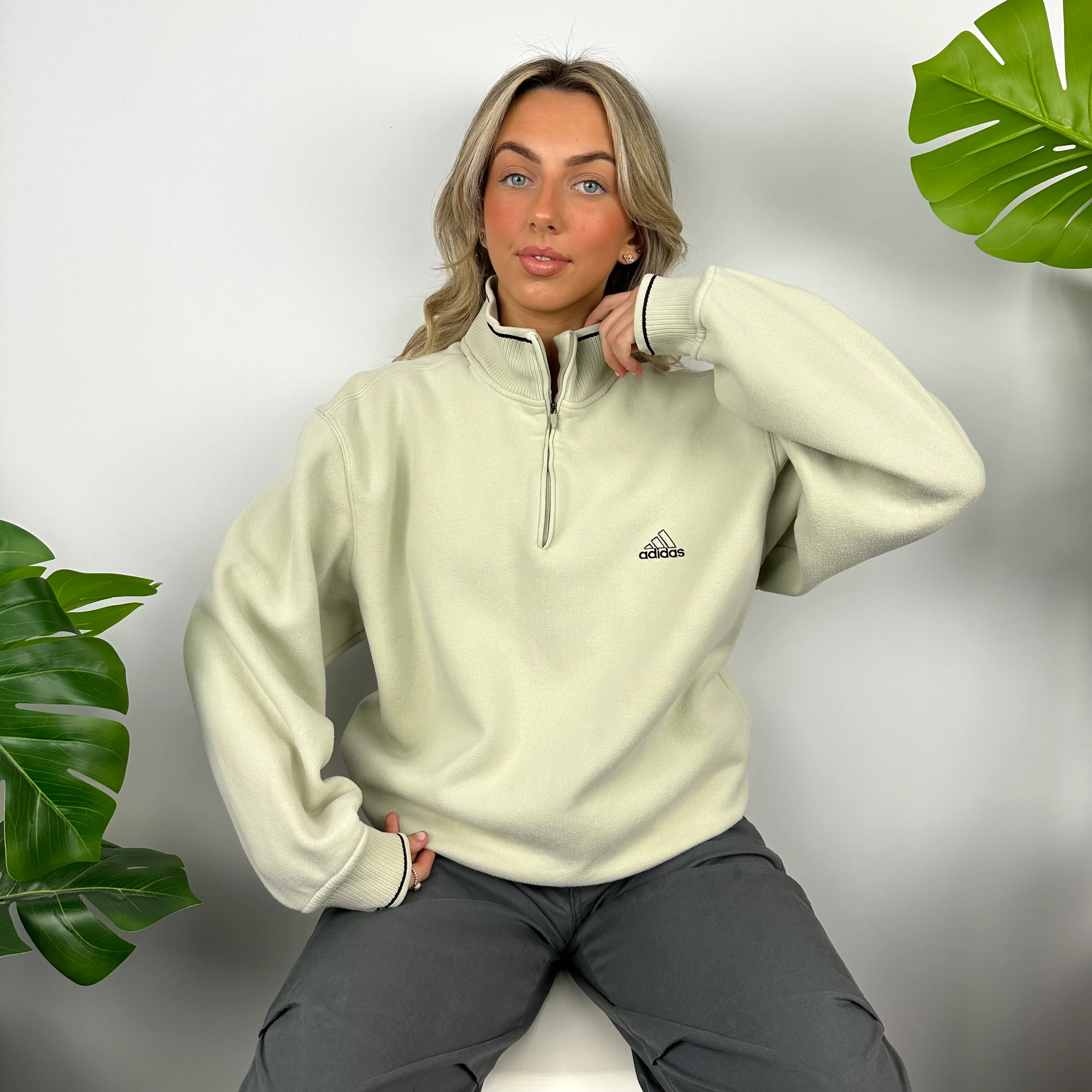 Adidas Cream Embroidered Spell Out Quarter Zip Sweatshirt (L) - Image 7