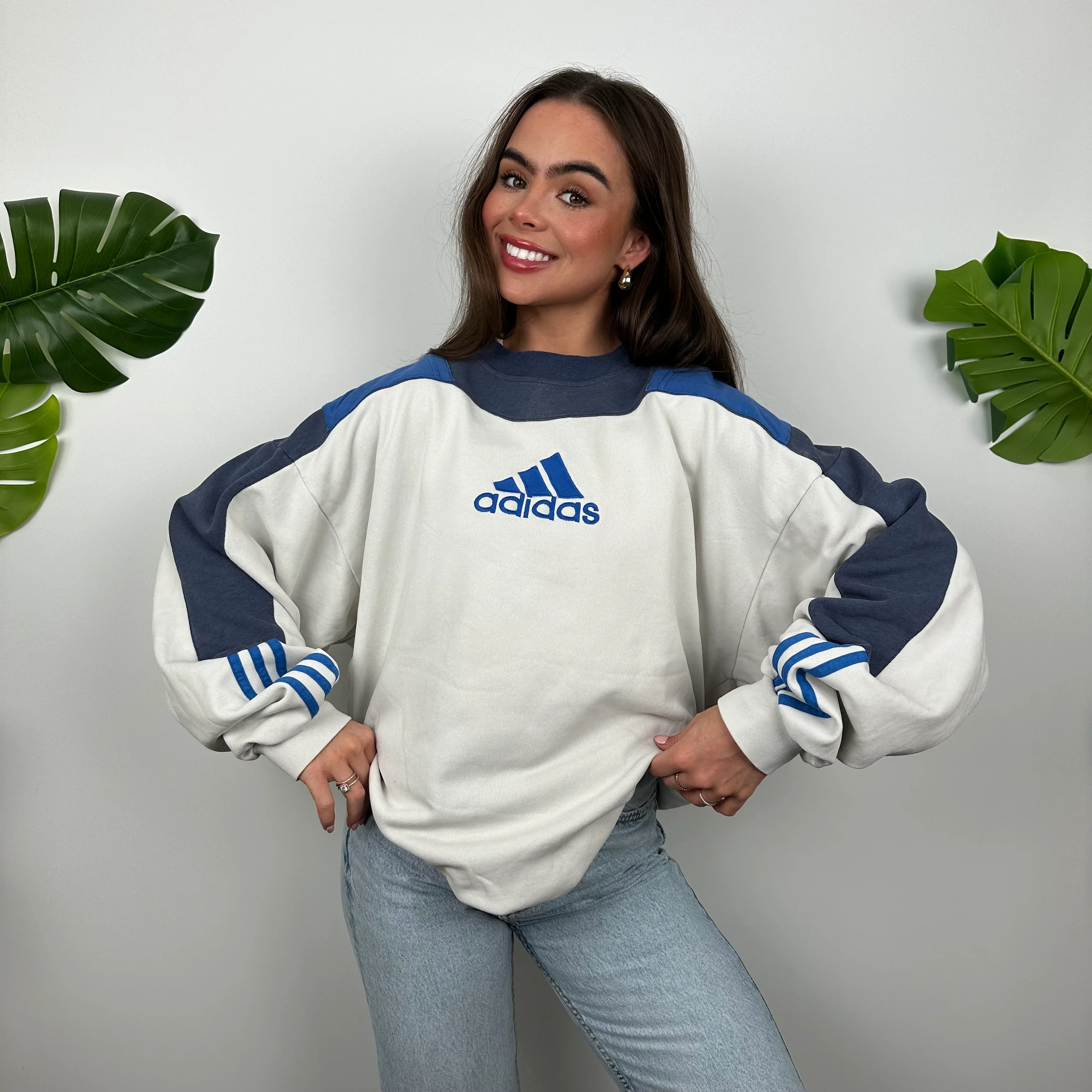 Adidas White and Navy Embroidered Spell Out Sweatshirt (L) - Image 3