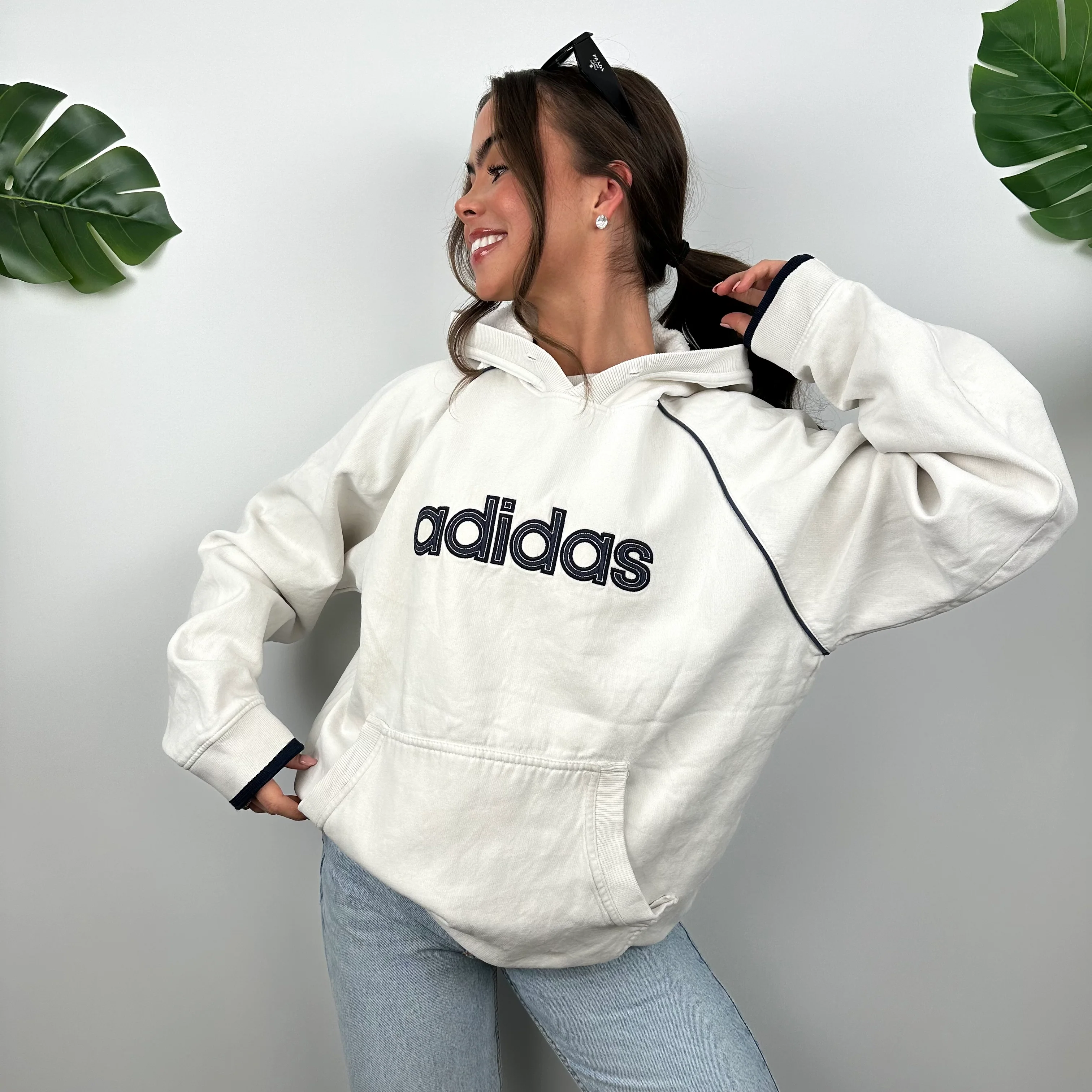 Adidas White Embroidered Spell Out Hoodie (L) - Image 5