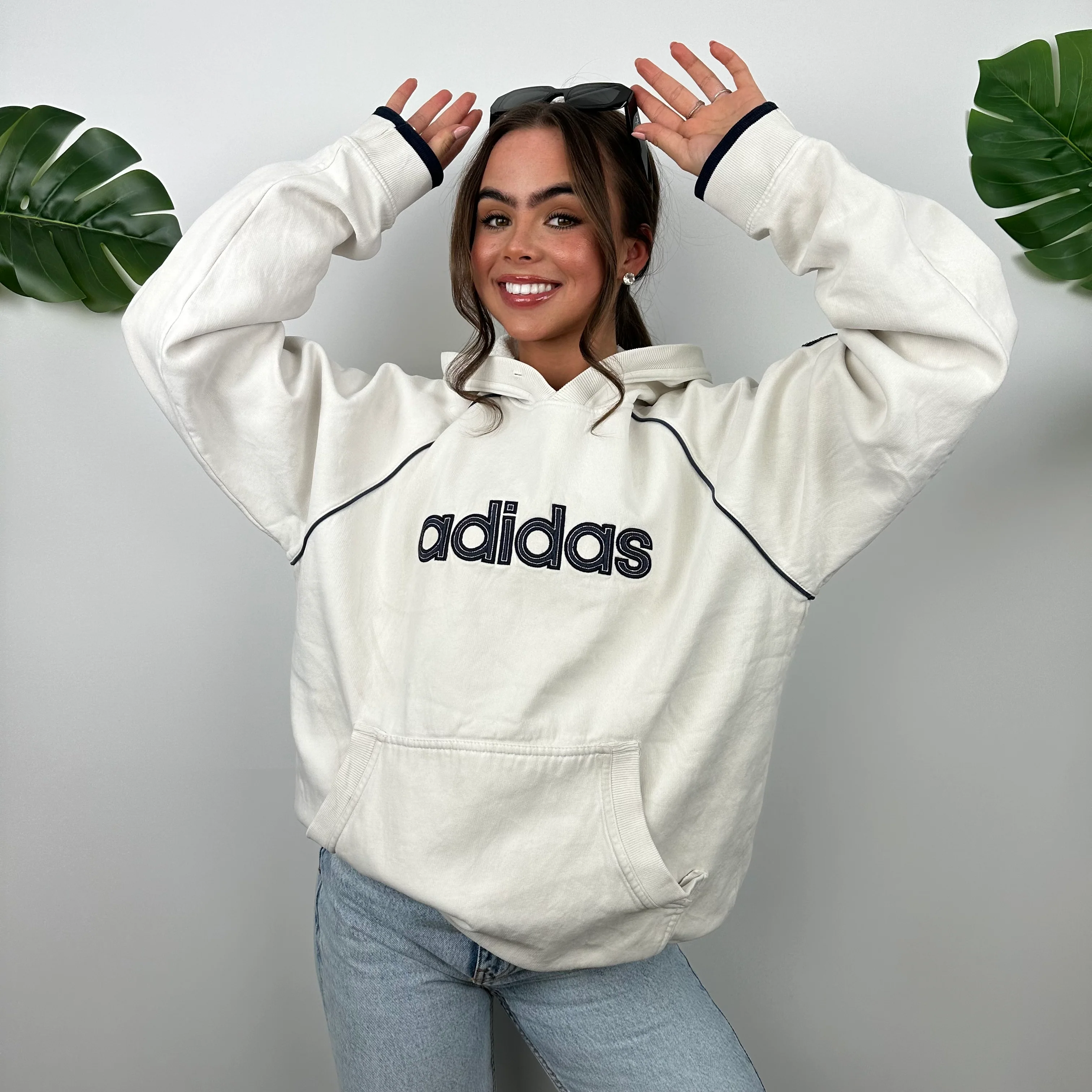 Adidas White Embroidered Spell Out Hoodie (L) - Image 7