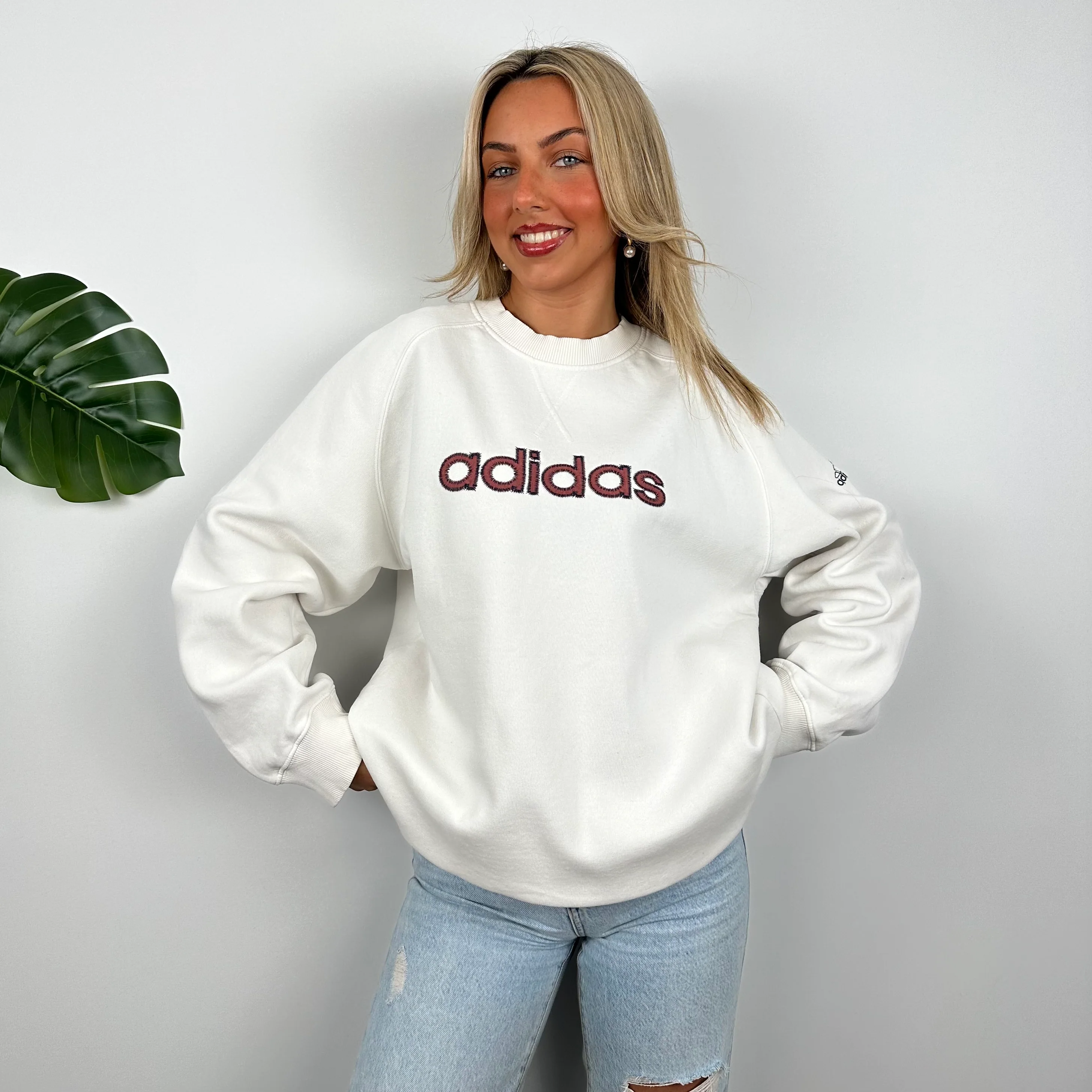 Adidas White Embroidered Spell Out Sweatshirt (M)