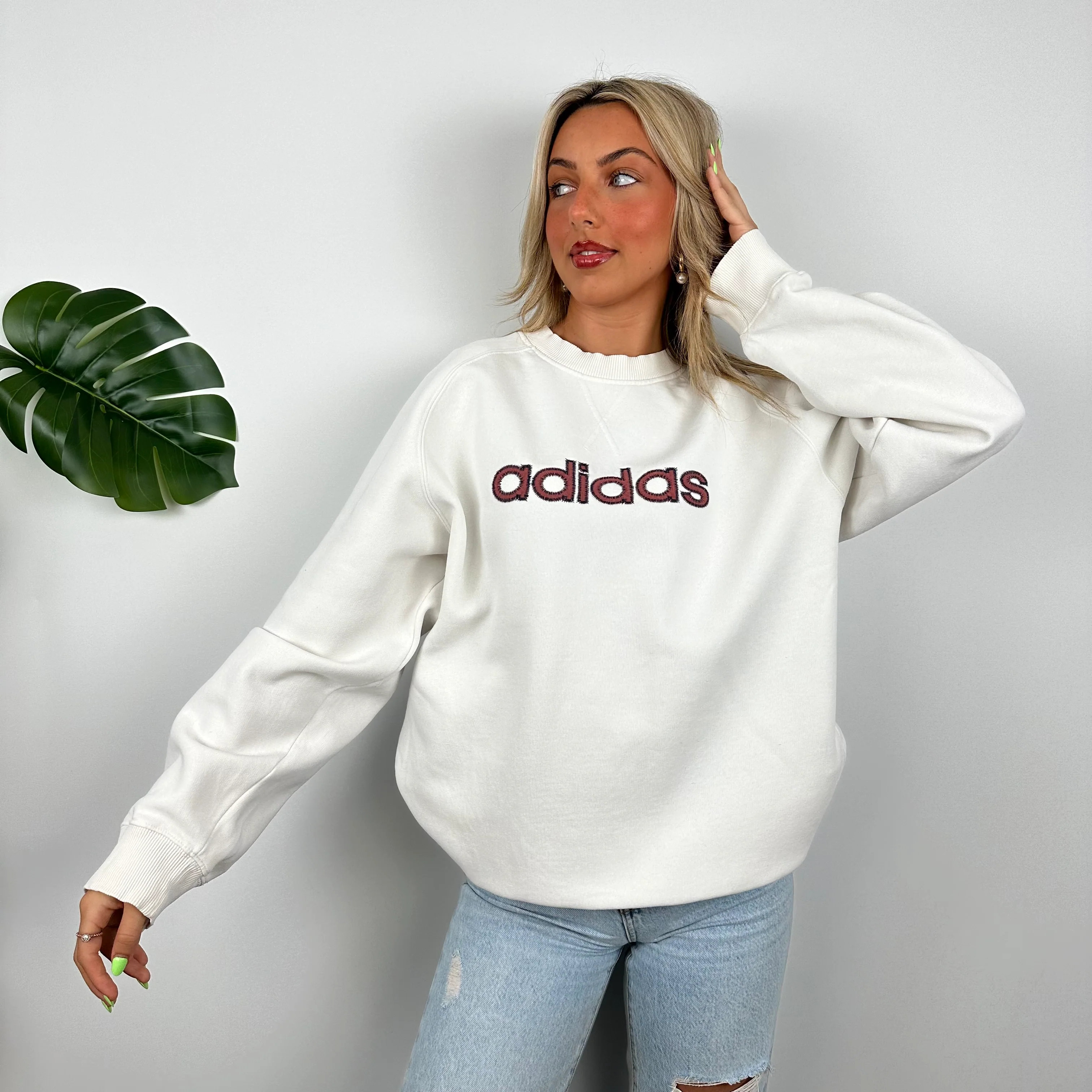 Adidas White Embroidered Spell Out Sweatshirt (M) - Image 2