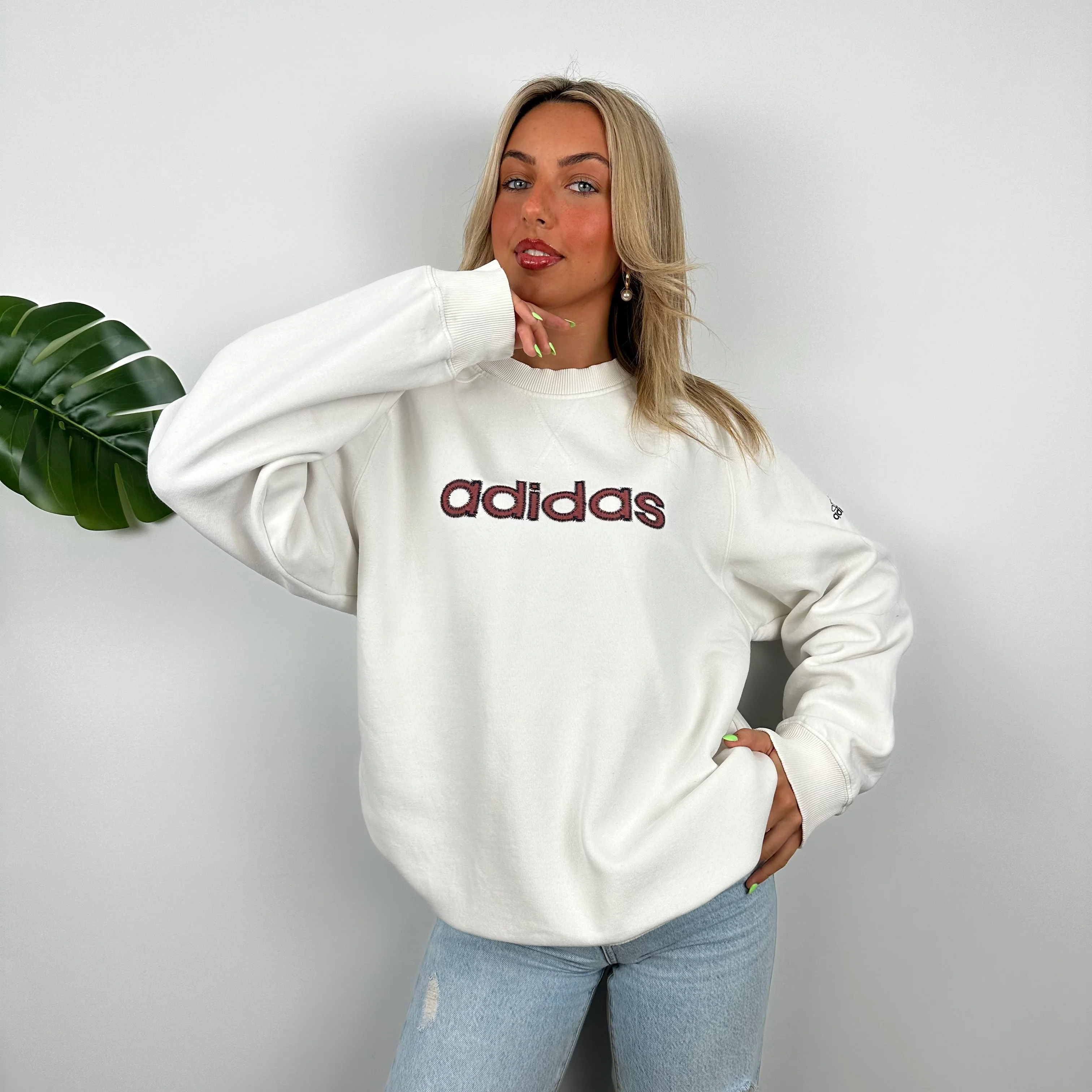 Adidas White Embroidered Spell Out Sweatshirt (M) - Image 3