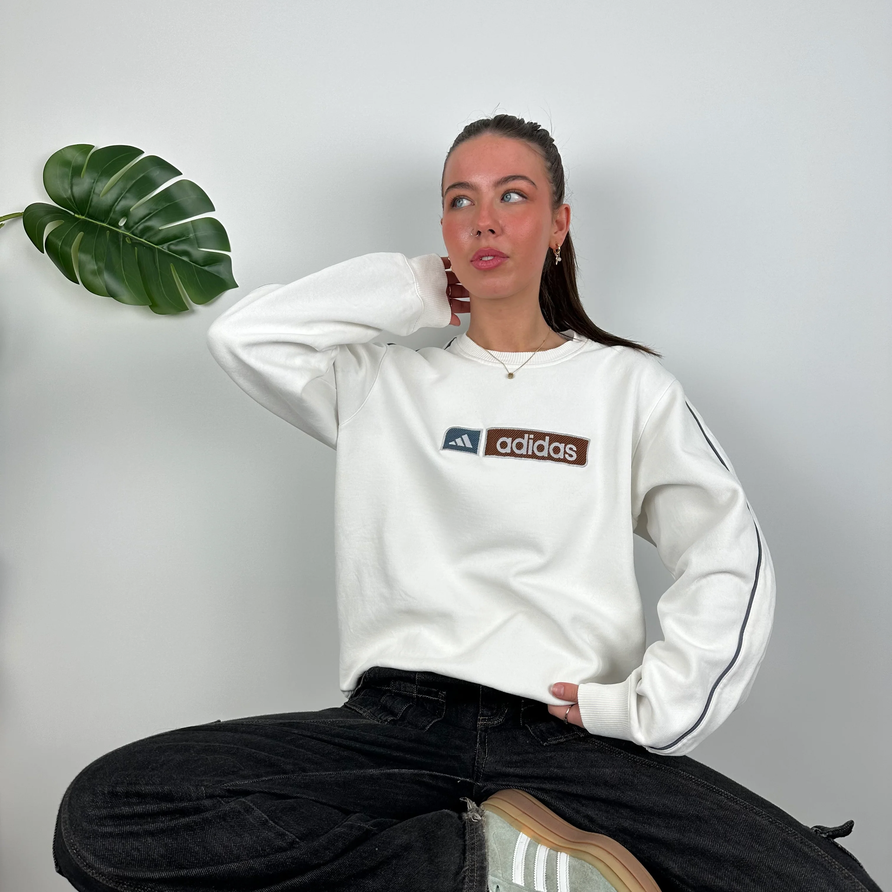 Adidas White Embroidered Spell Out Sweatshirt (M) - Image 9