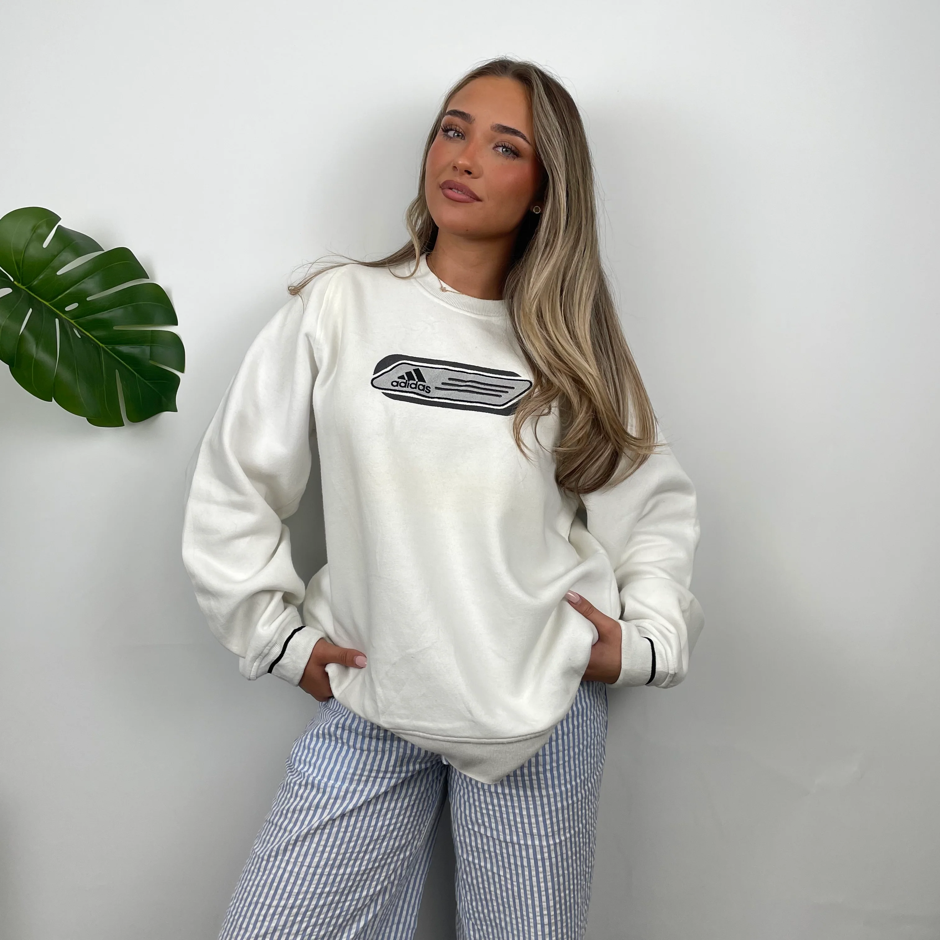 Adidas White Embroidered Spell Out Sweatshirt (M) - Image 4
