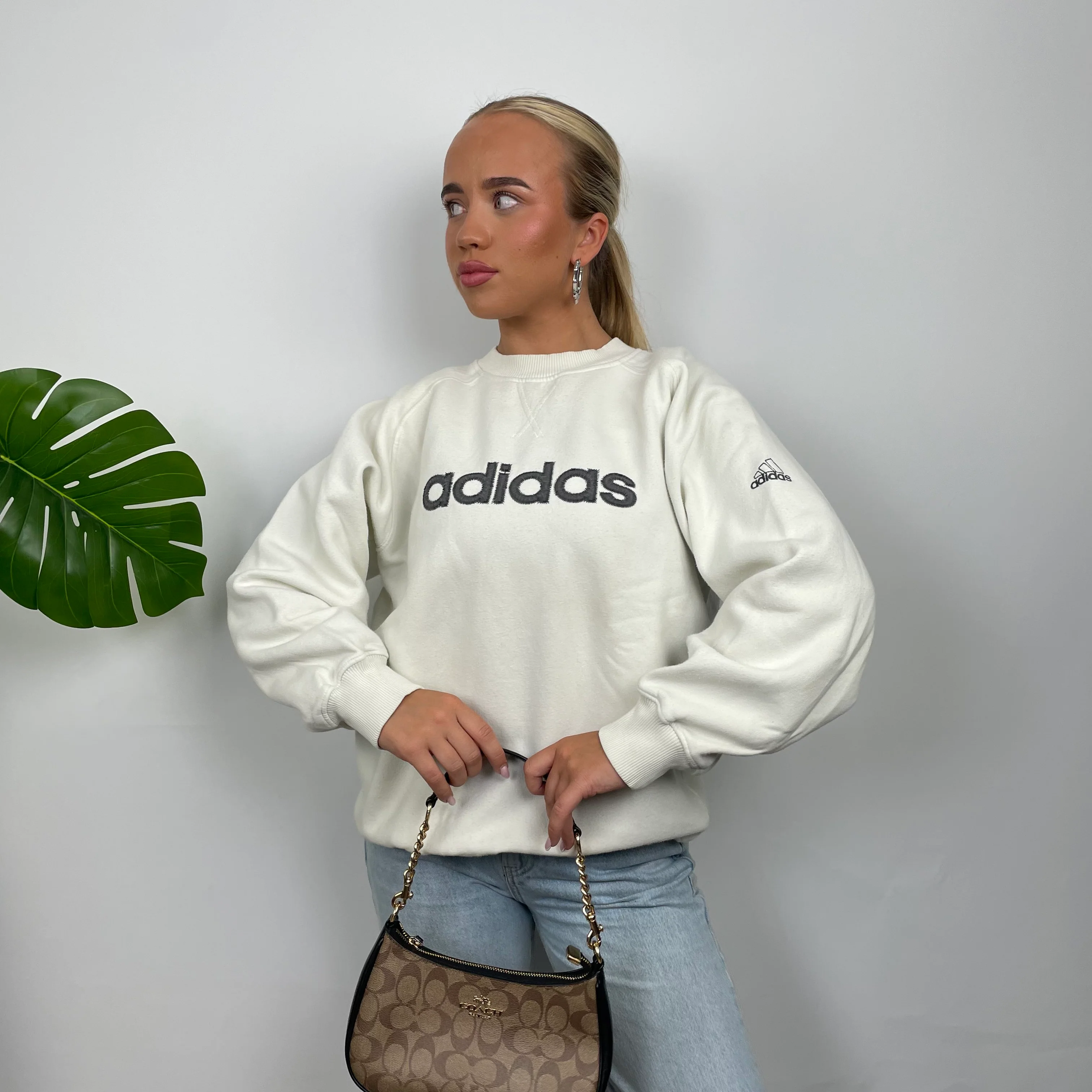 Adidas White Embroidered Spell Out Sweatshirt (M) - Image 5