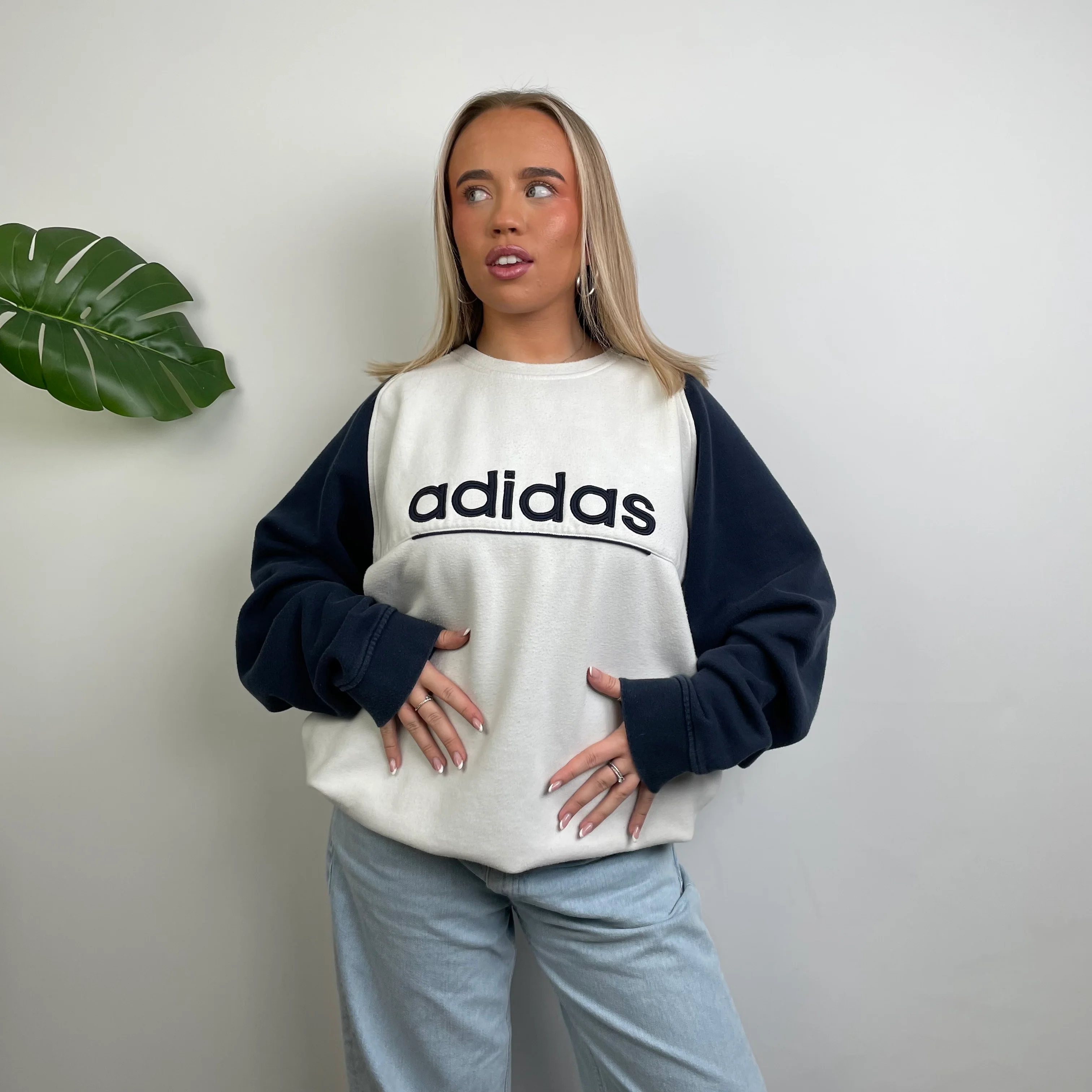 Adidas White Embroidered Spell Out Sweatshirt (XXL) - Image 2