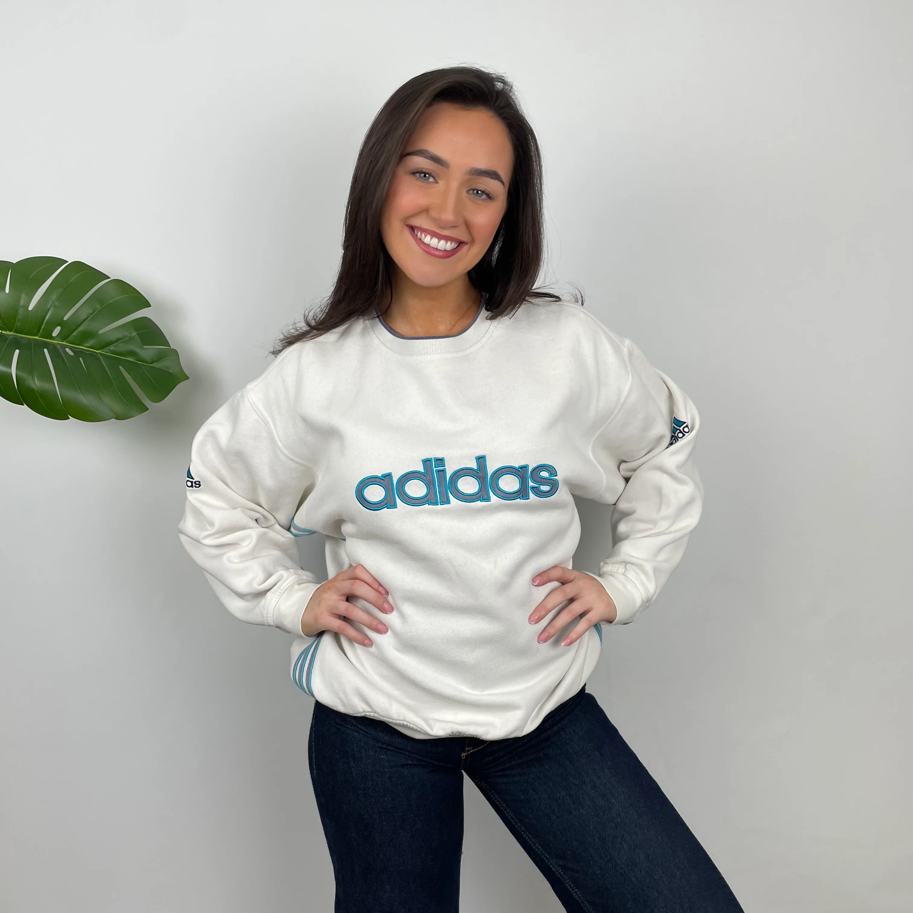 Adidas White Embroidered Spell Out Sweatshirt (M) - Image 3