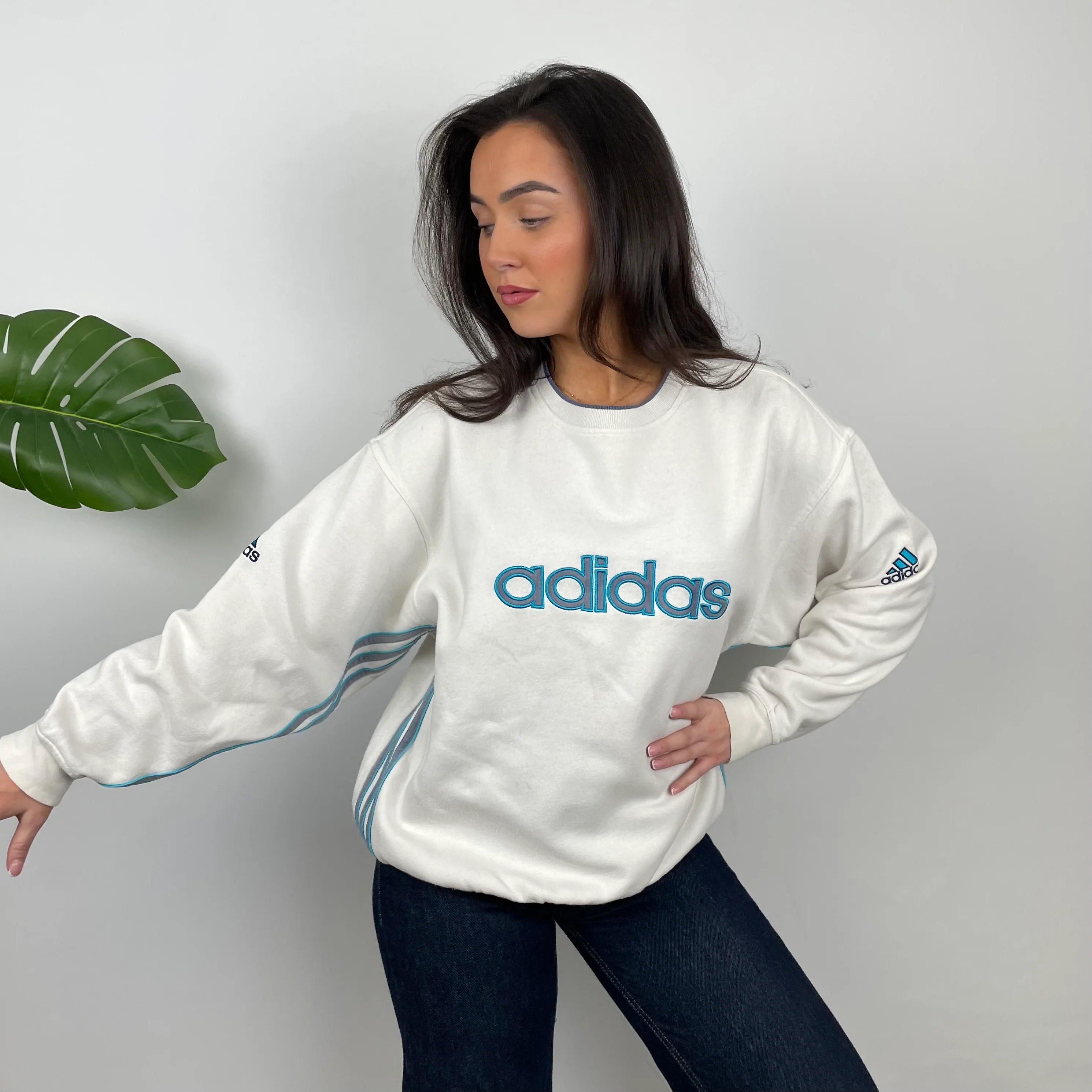 Adidas White Embroidered Spell Out Sweatshirt (M) - Image 4