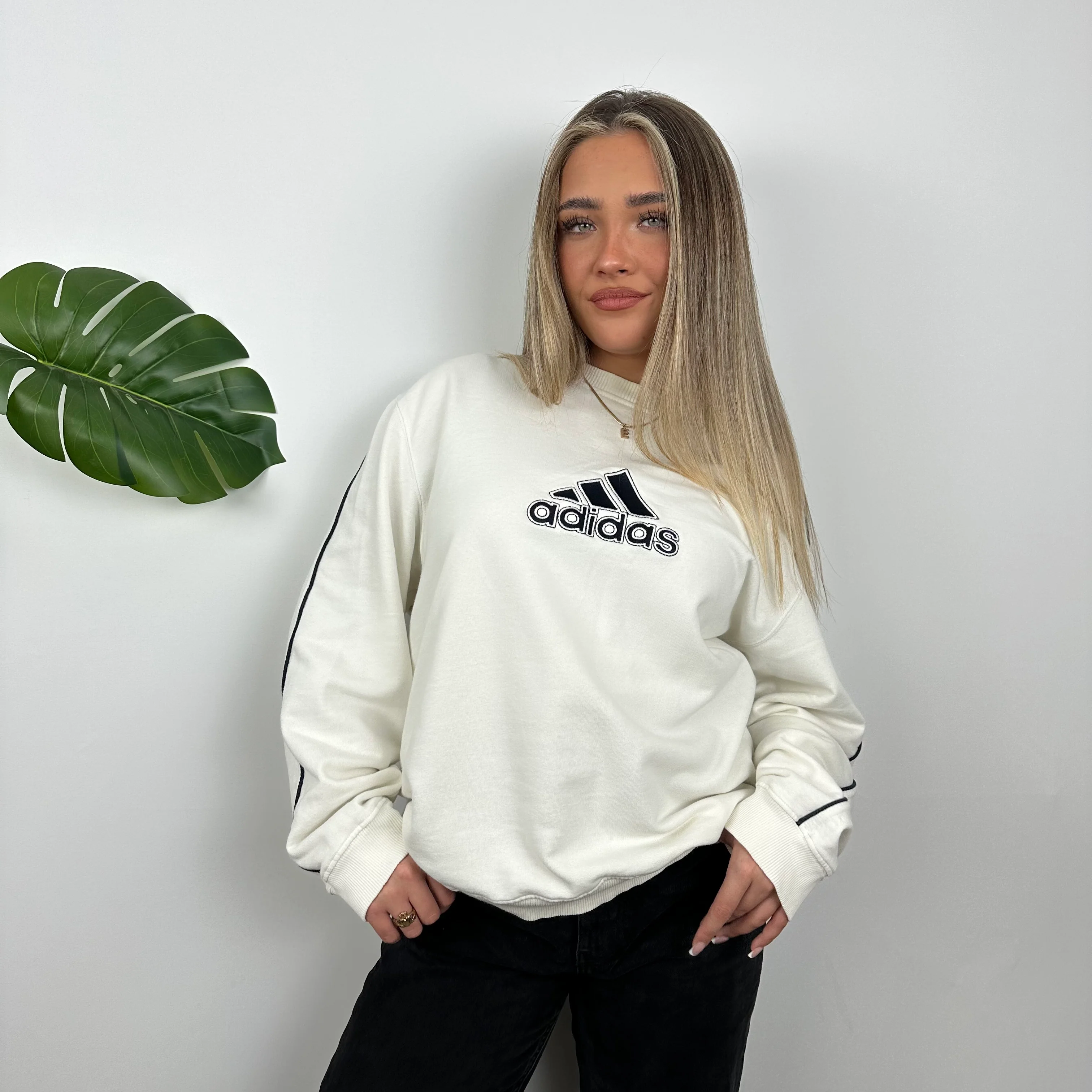 Adidas White Embroidered Spell Out Sweatshirt (L)