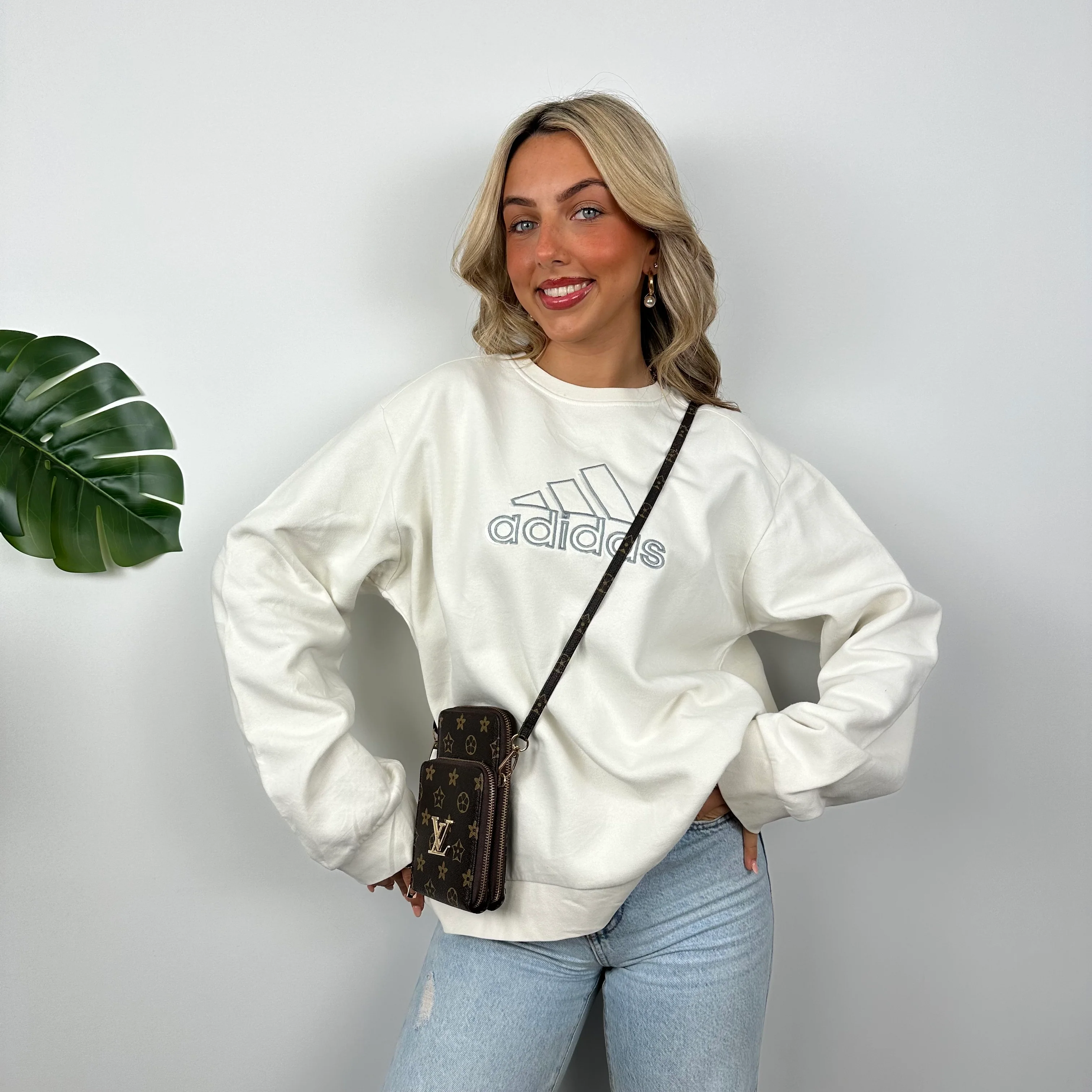Adidas White Embroidered Spell Out Sweatshirt (M)