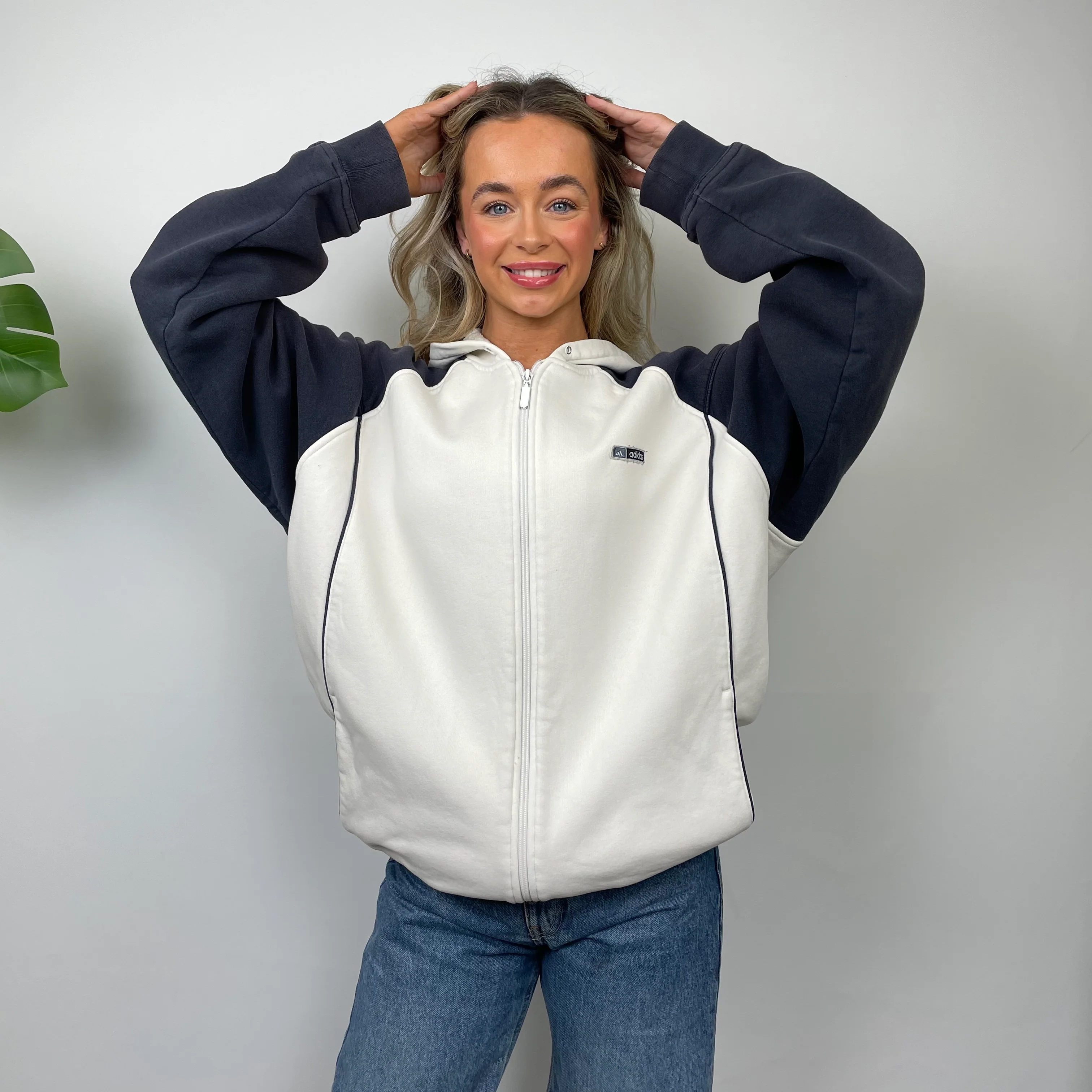 Adidas White Embroidered Spell Out Zip Up Hoodie Jacket (M) - Image 6