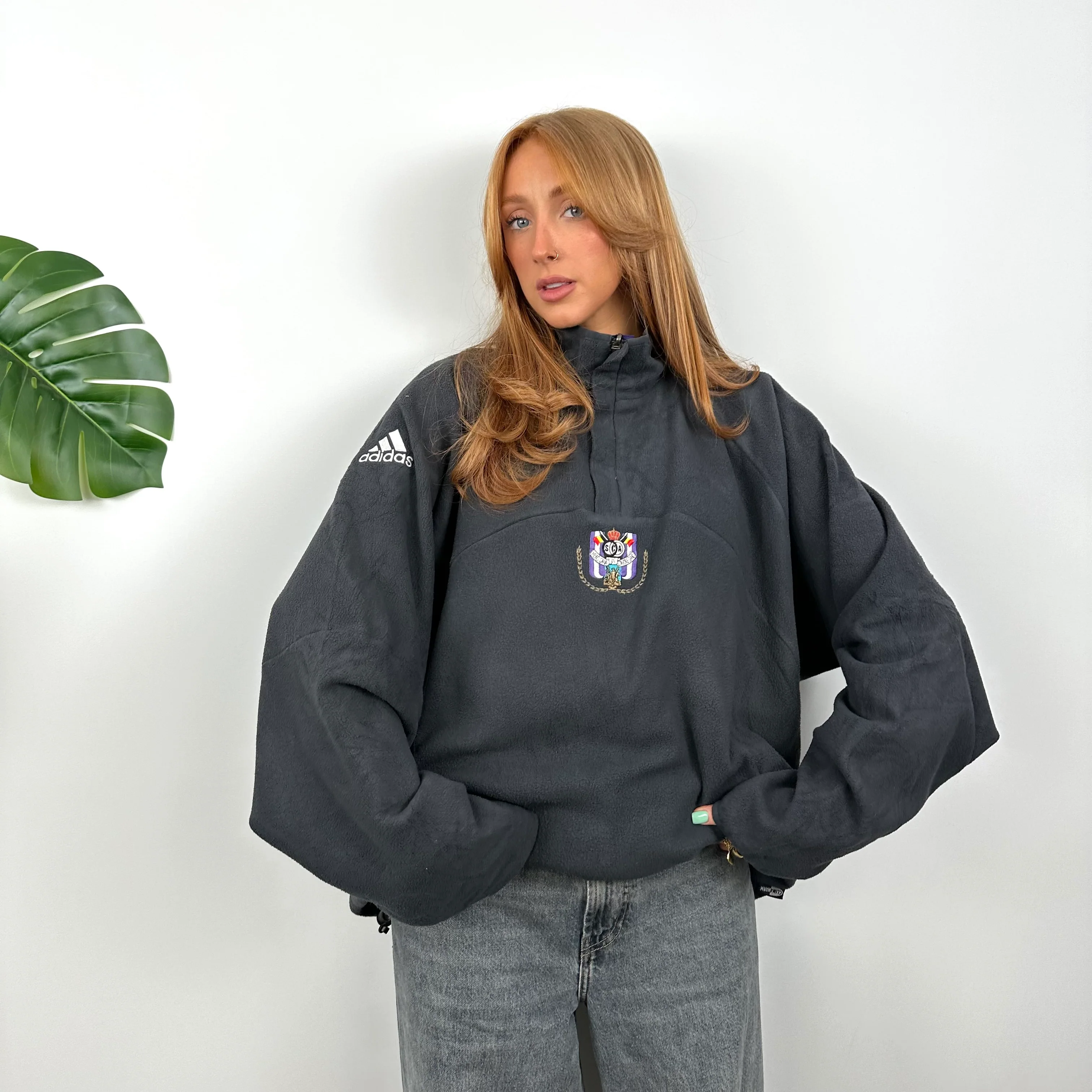 Adidas x Newcastle United FC RARE Black Embroidered Spell Out Teddy Bear Fleece Quarter Zip Sweatshirt (L) - Image 2