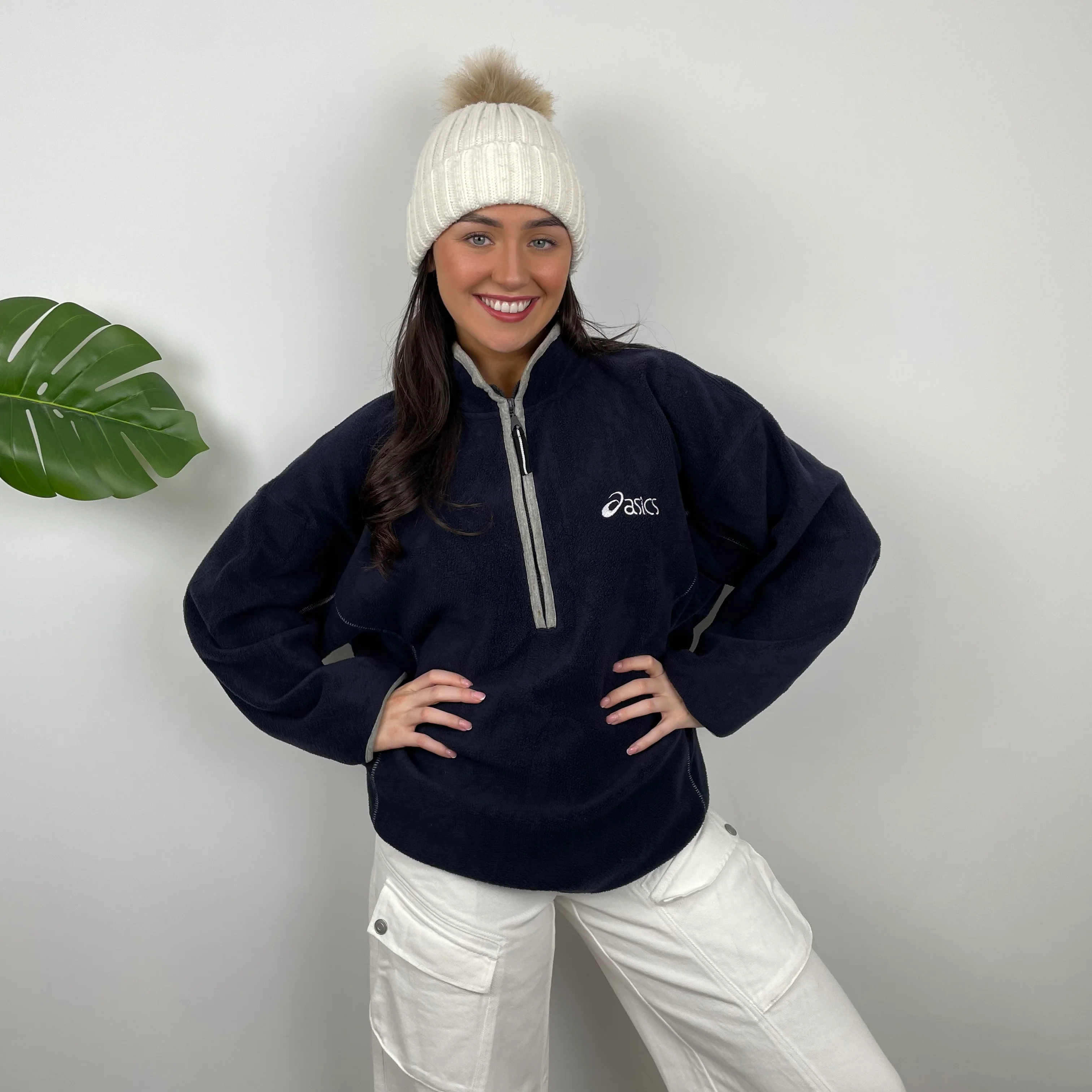 ASICS Navy Embroidered Spell Out Teddy Bear Fleece Quarter Zip Sweatshirt (XL)