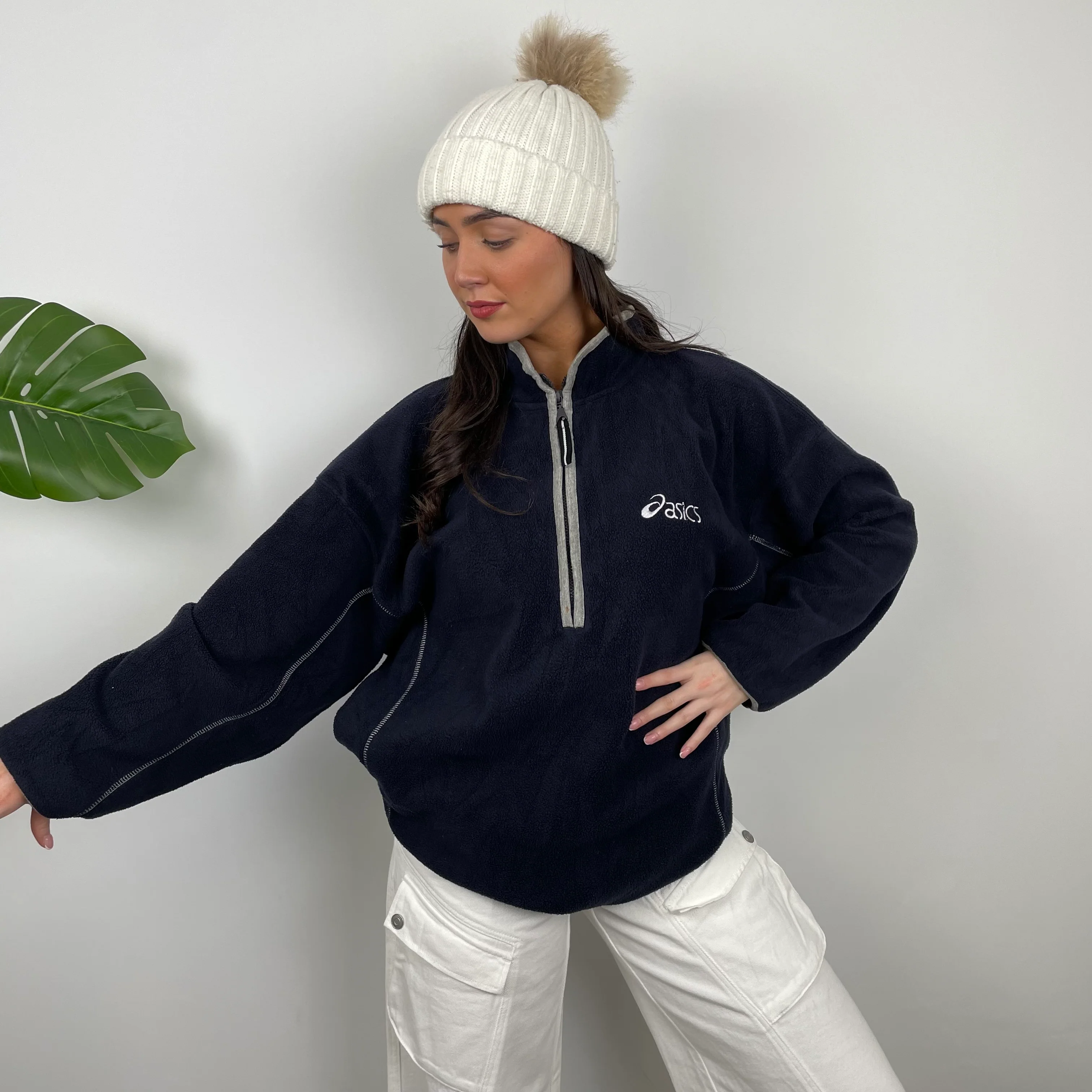 ASICS Navy Embroidered Spell Out Teddy Bear Fleece Quarter Zip Sweatshirt (XL) - Image 2
