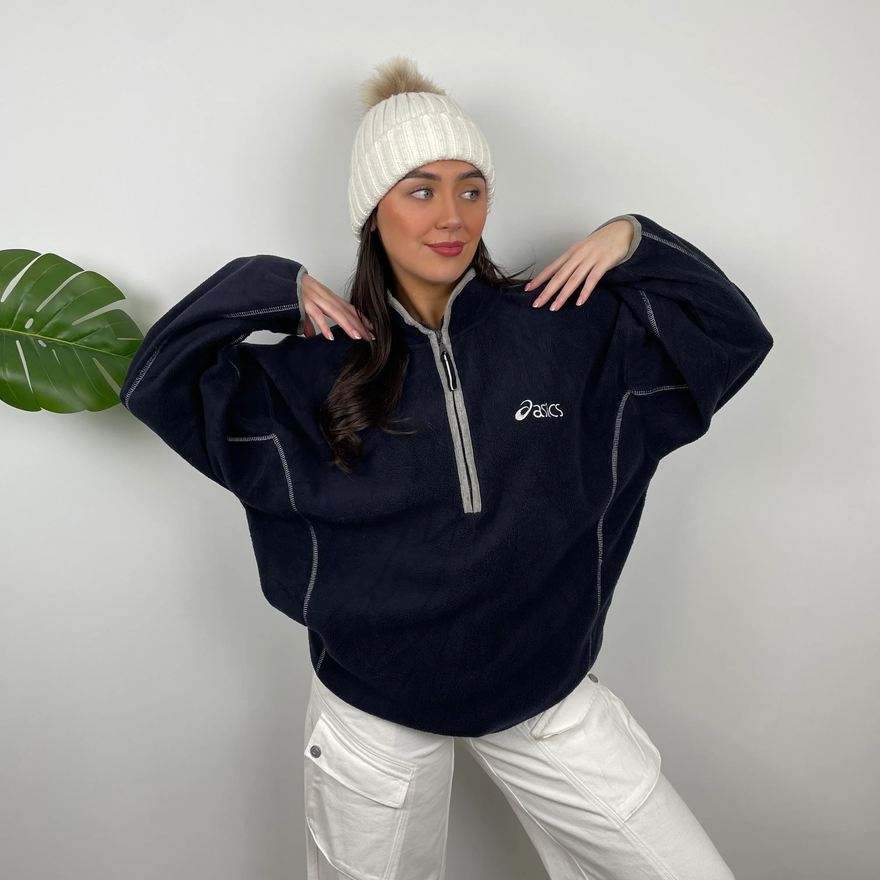 ASICS Navy Embroidered Spell Out Teddy Bear Fleece Quarter Zip Sweatshirt (XL) - Image 6