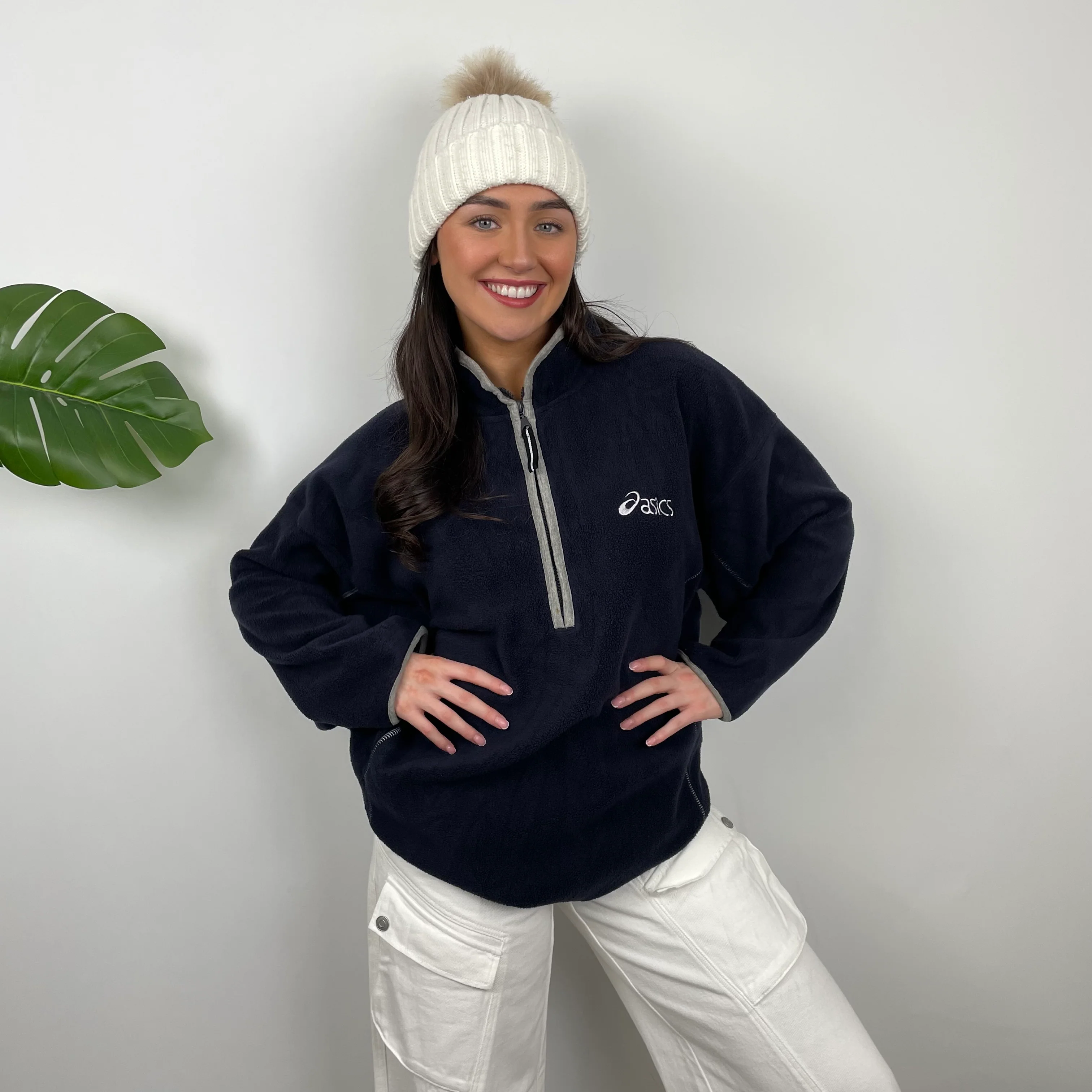 ASICS Navy Embroidered Spell Out Teddy Bear Fleece Quarter Zip Sweatshirt (XL) - Image 8