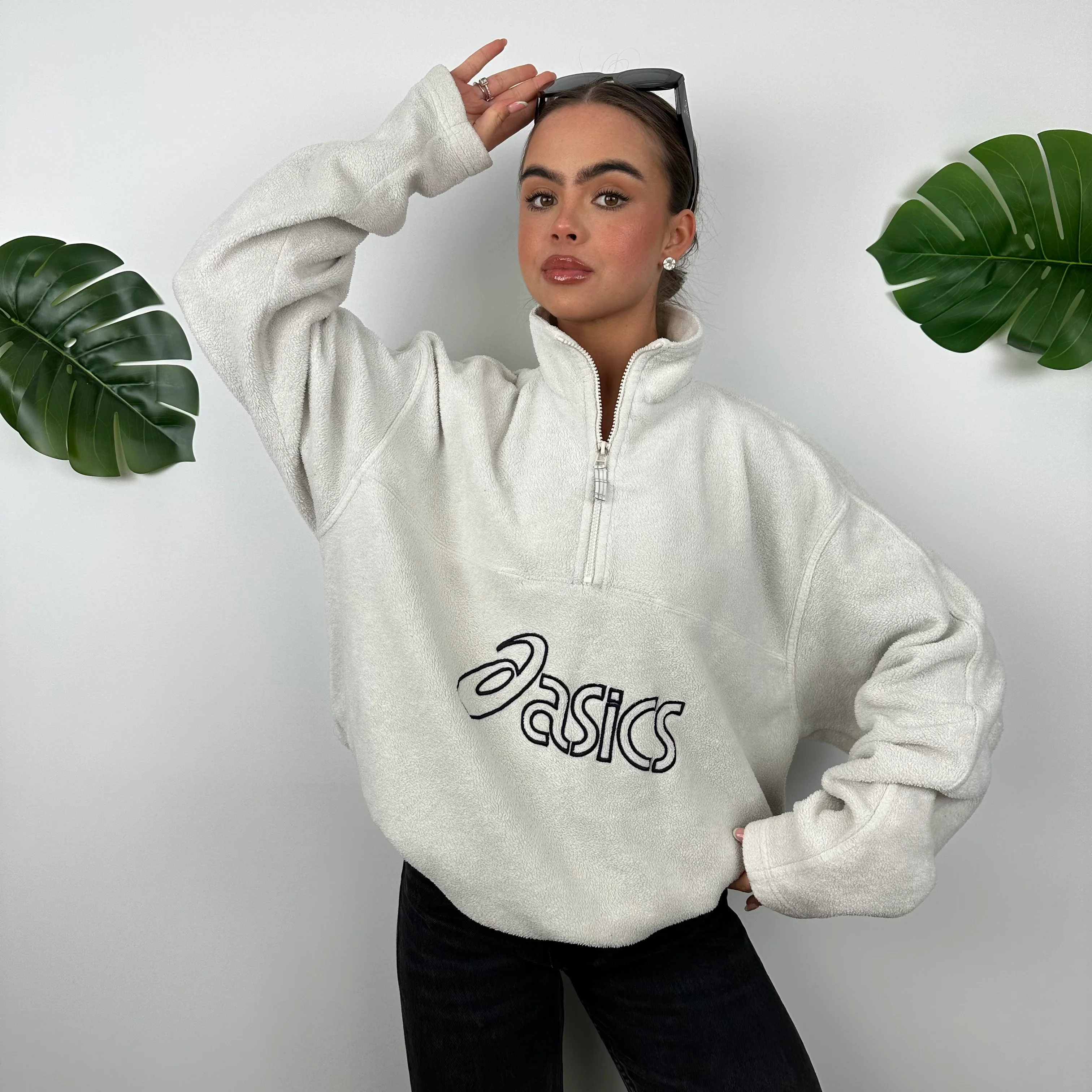 ASICS White Embroidered Spell Out Teddy Bear Fleece Quarter Zip Sweatshirt (L) - Image 3
