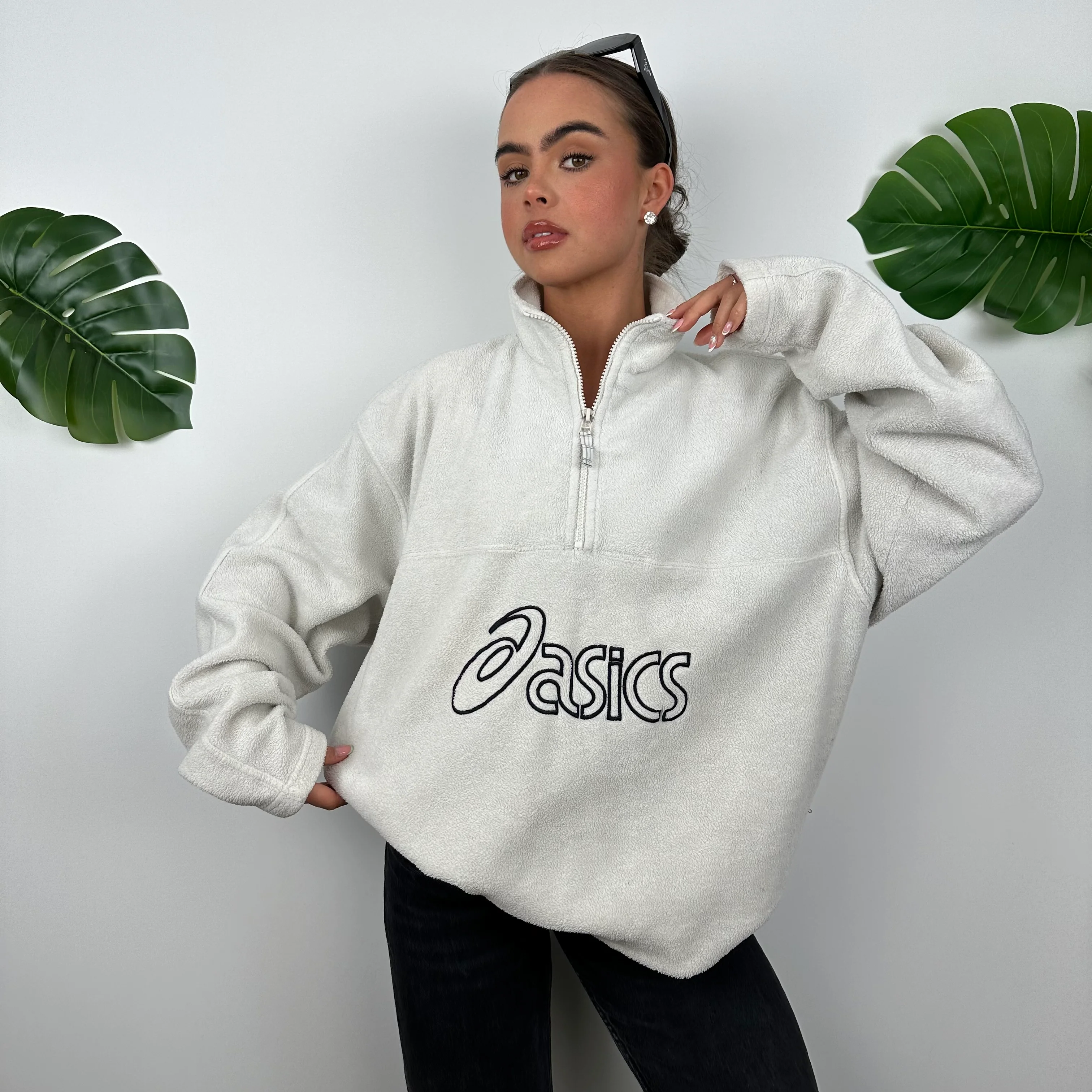 ASICS White Embroidered Spell Out Teddy Bear Fleece Quarter Zip Sweatshirt (L) - Image 4