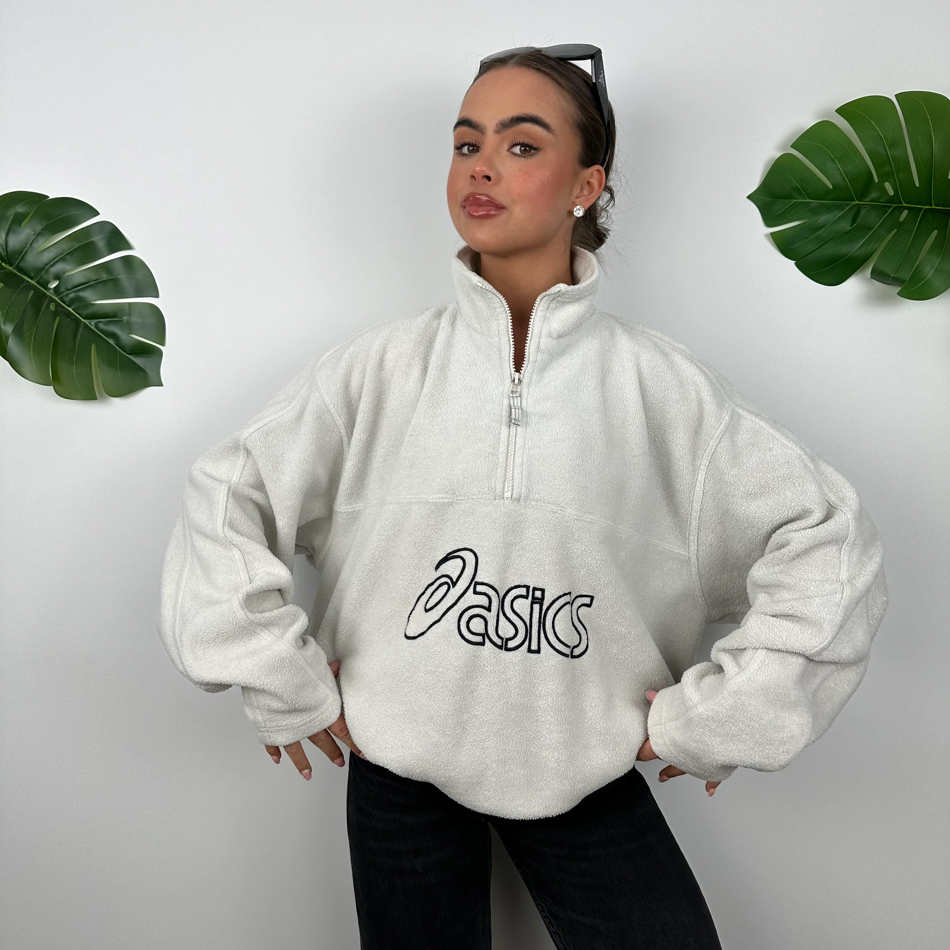 ASICS White Embroidered Spell Out Teddy Bear Fleece Quarter Zip Sweatshirt (L) - Image 5