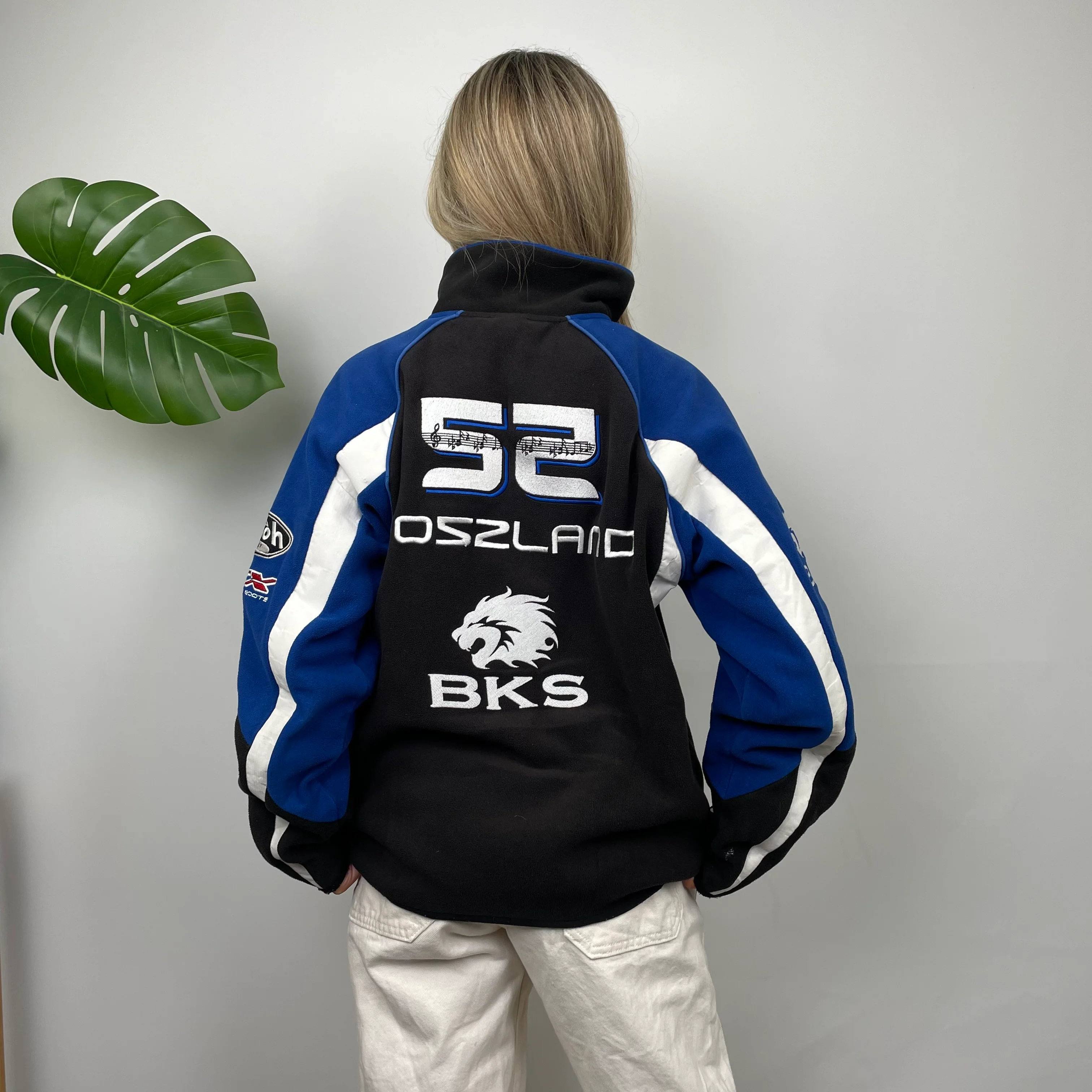 BKS Racing Blue Embroidered Spell Out Zip Up Fleece Jacket (M) - Image 2