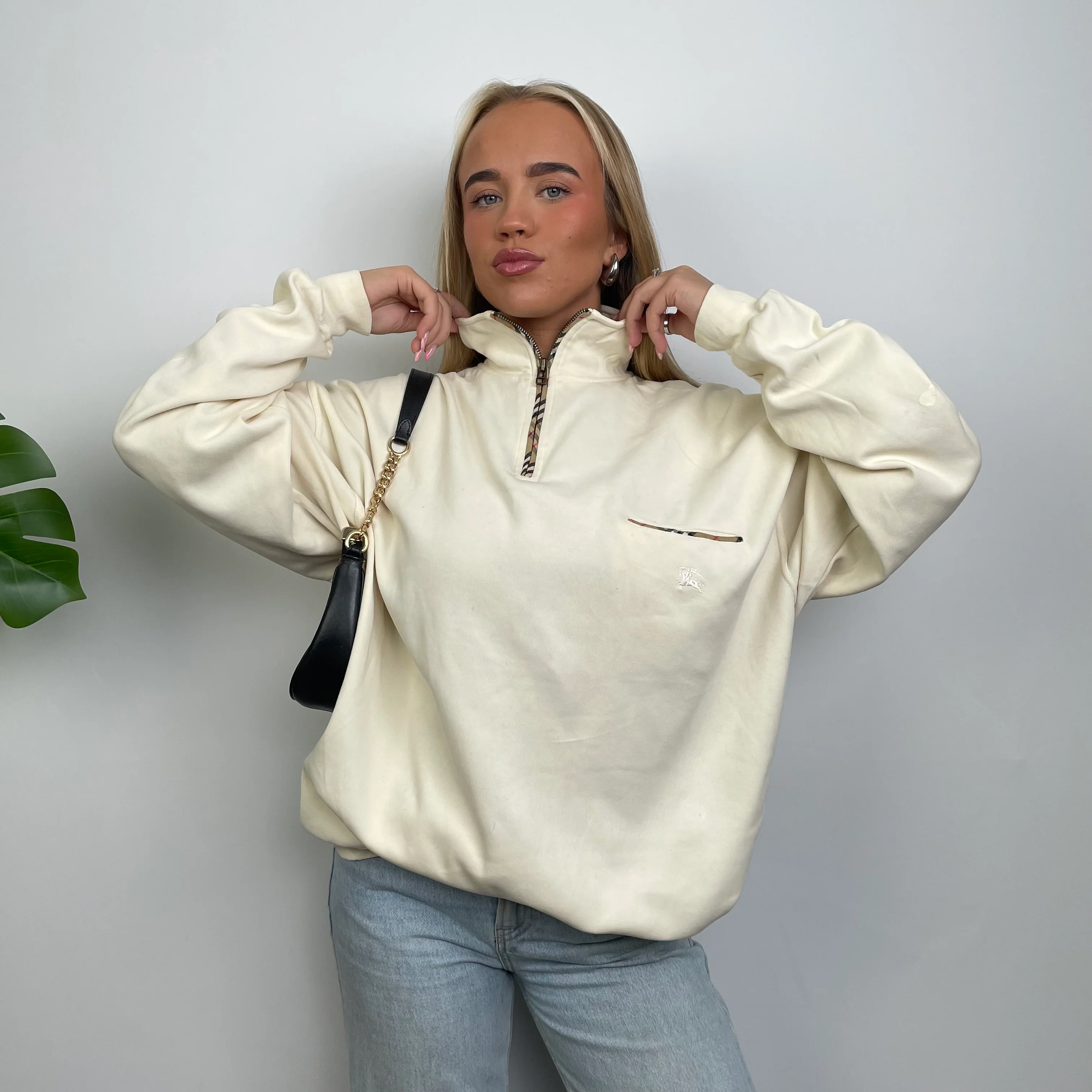 Burberry Cream Embroidered Spell Out Quarter Zip (L) - Image 3