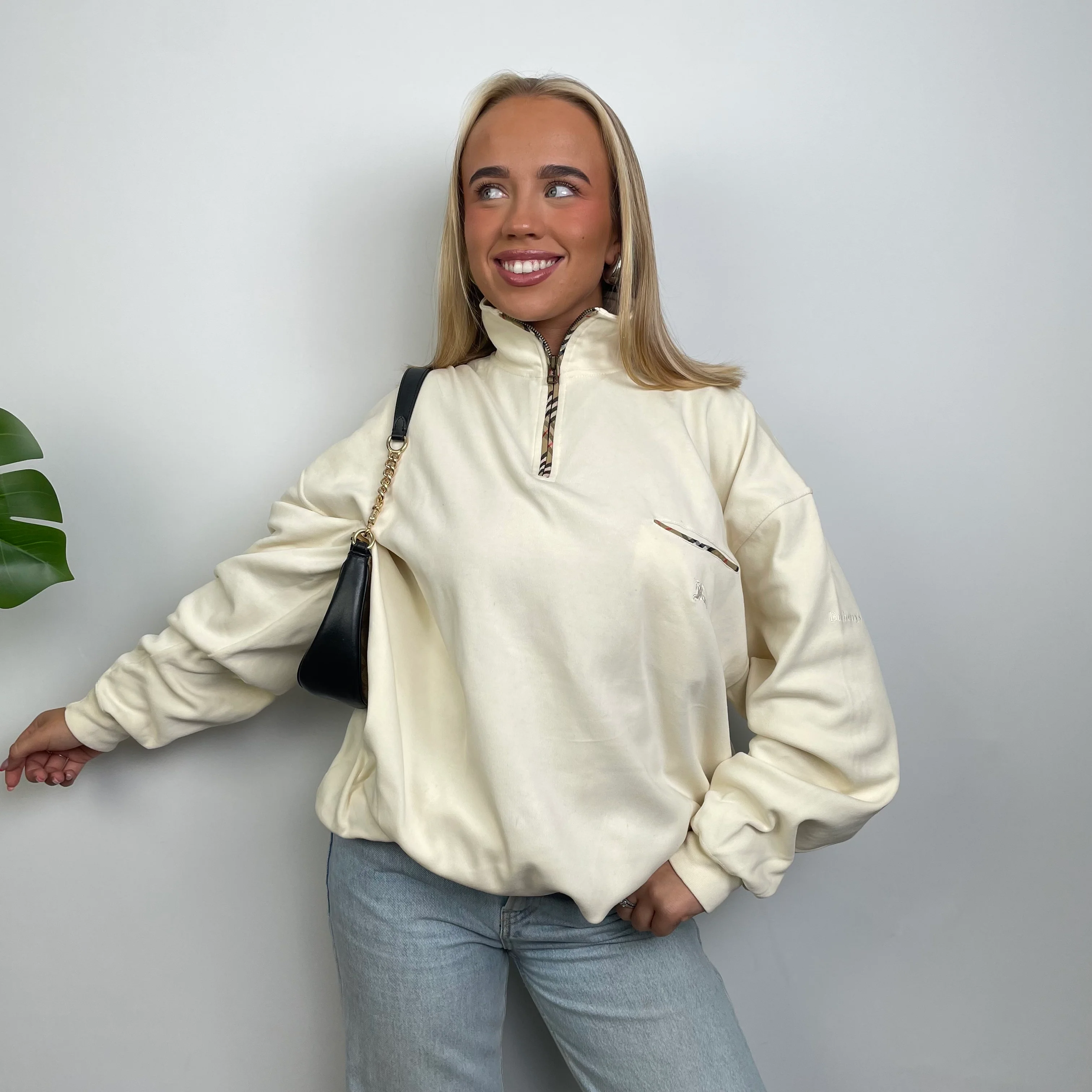 Burberry Cream Embroidered Spell Out Quarter Zip (L) - Image 4