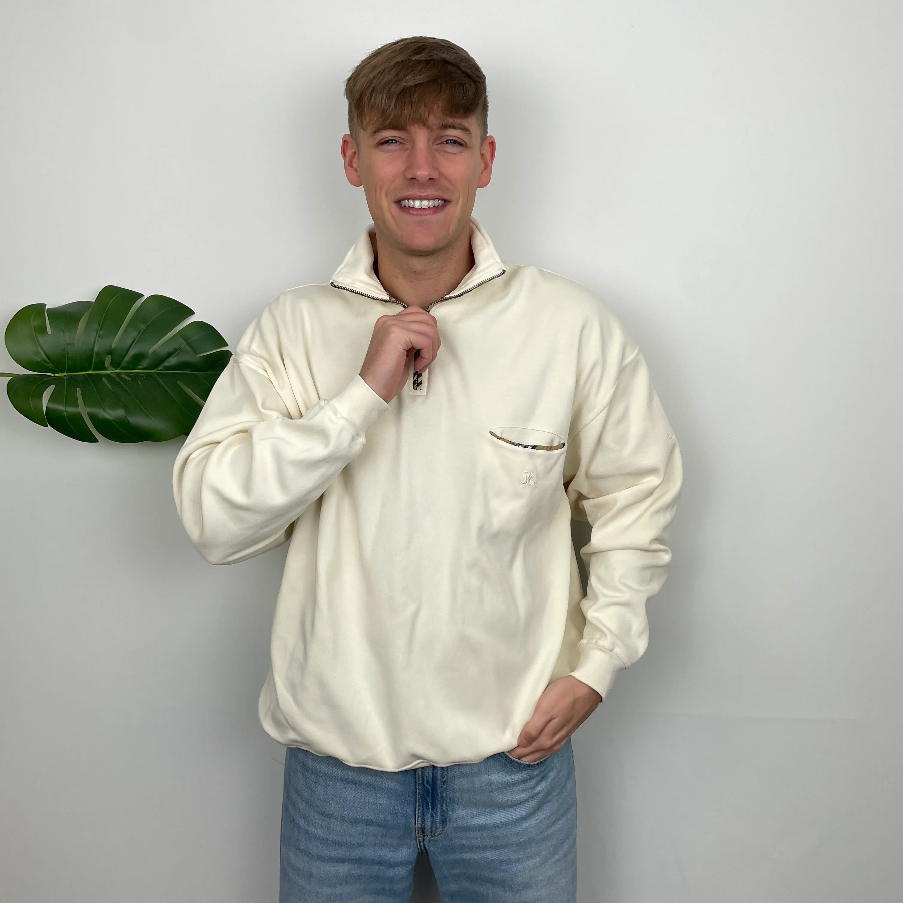 Burberry Cream Embroidered Spell Out Quarter Zip (L) - Image 2