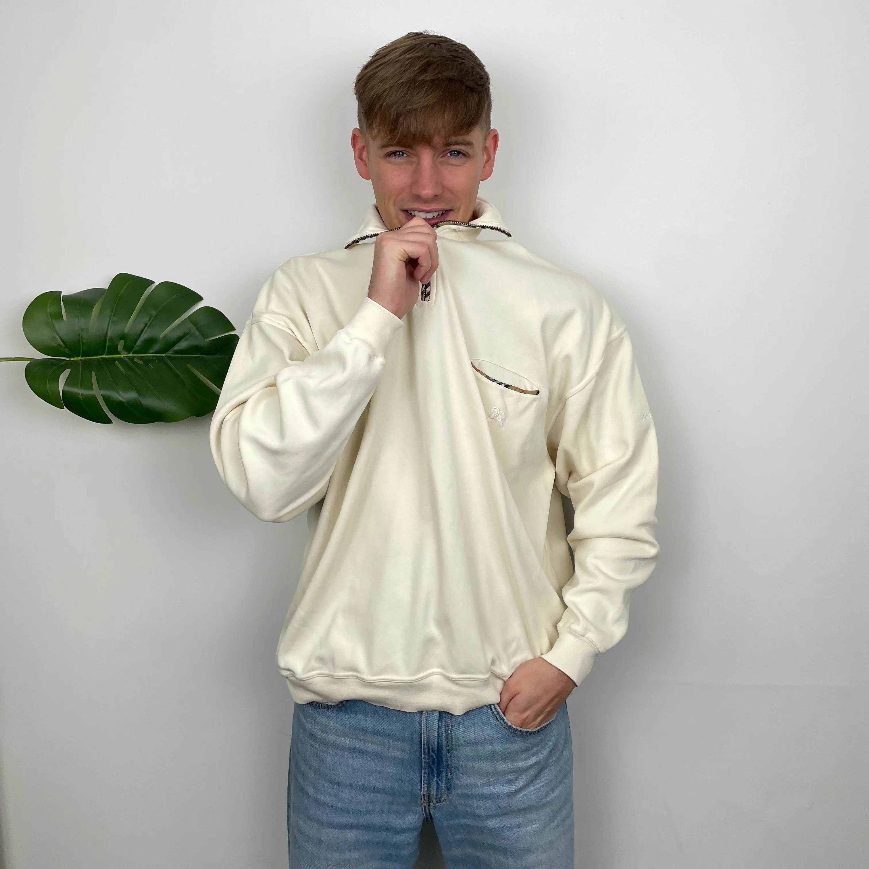Burberry Cream Embroidered Spell Out Quarter Zip (L) - Image 3