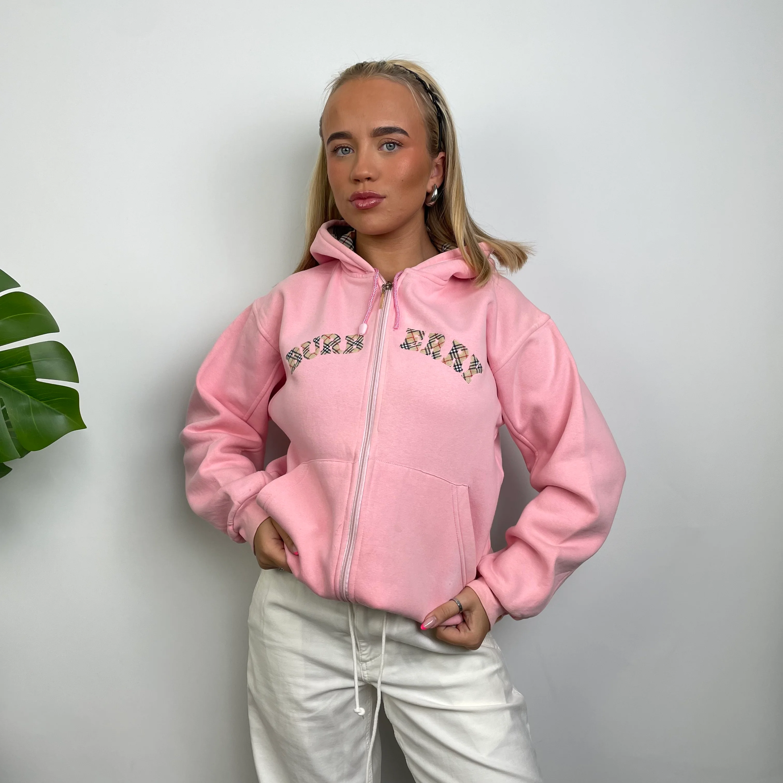 Burberry Pink Embroidered Logo Zip Up Sweatshirt (M) - Image 2