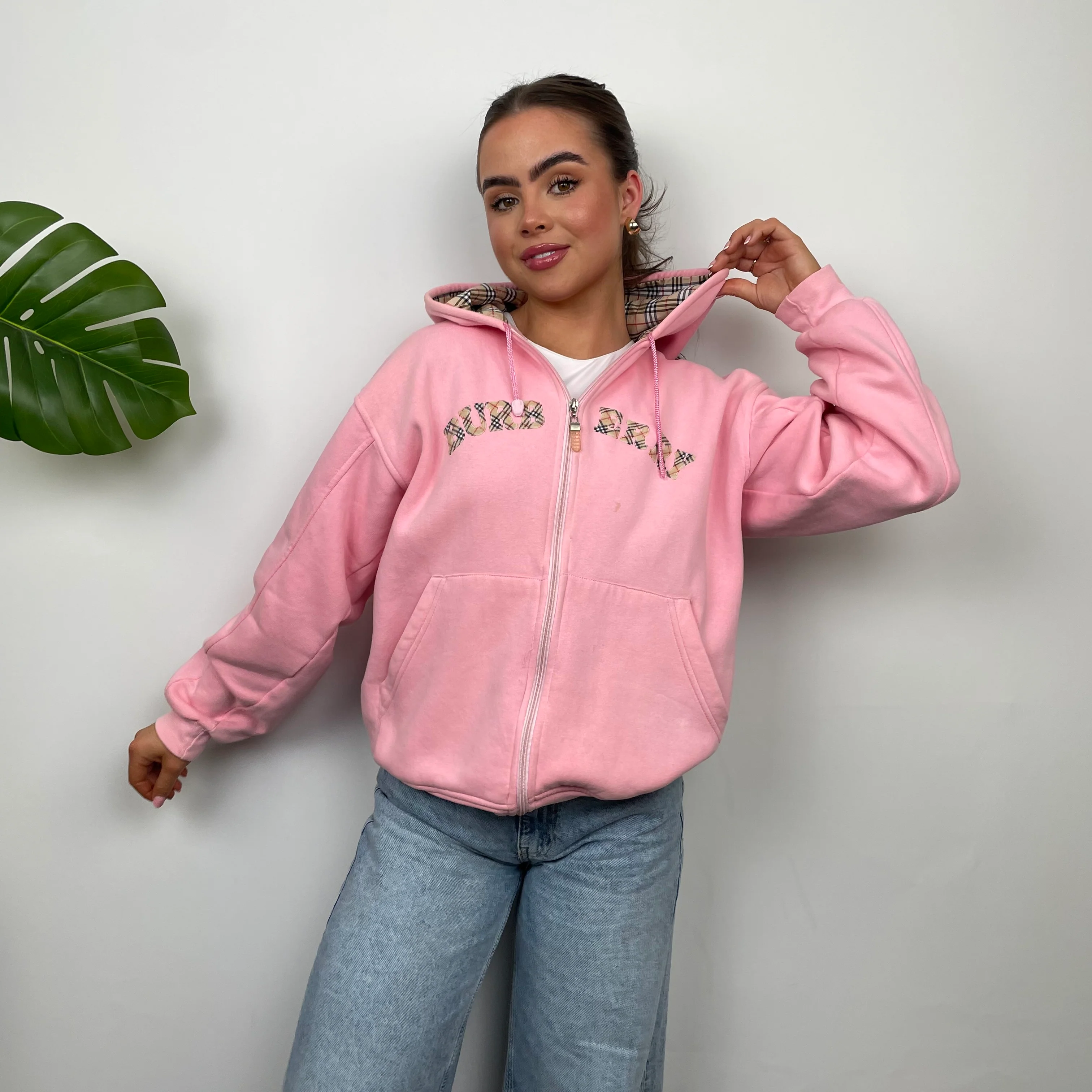 Burberry Pink Embroidered Logo Zip Up Sweatshirt (S) - Image 2