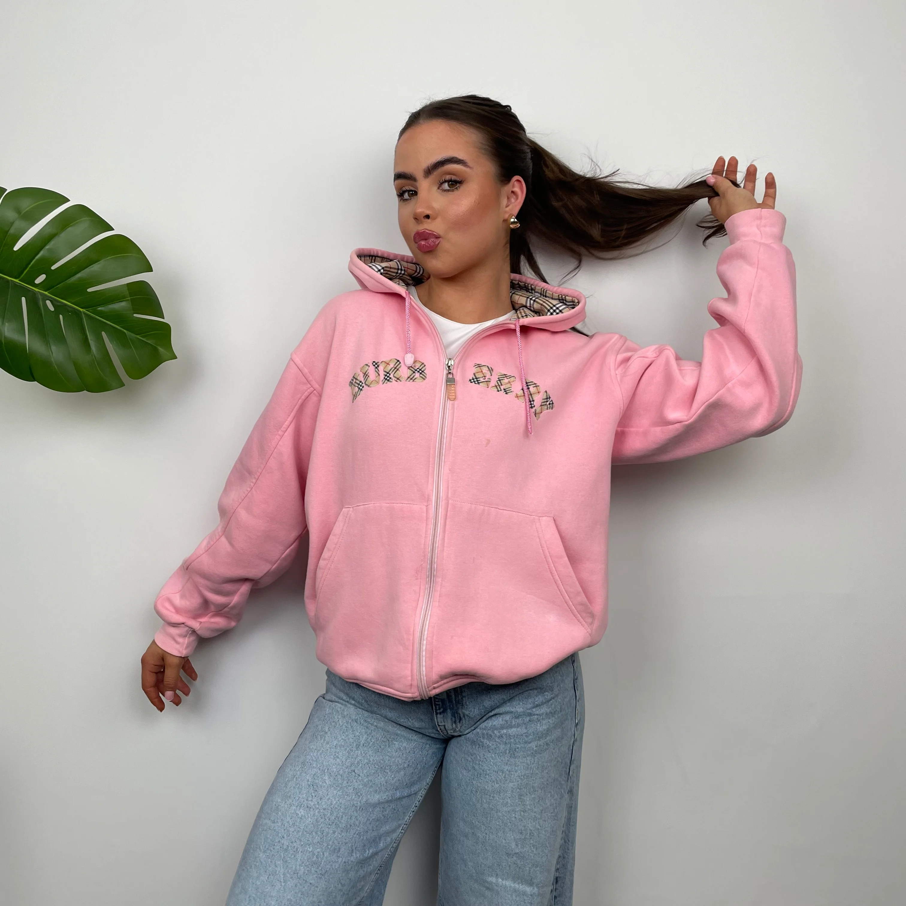 Burberry Pink Embroidered Logo Zip Up Sweatshirt (S) - Image 3