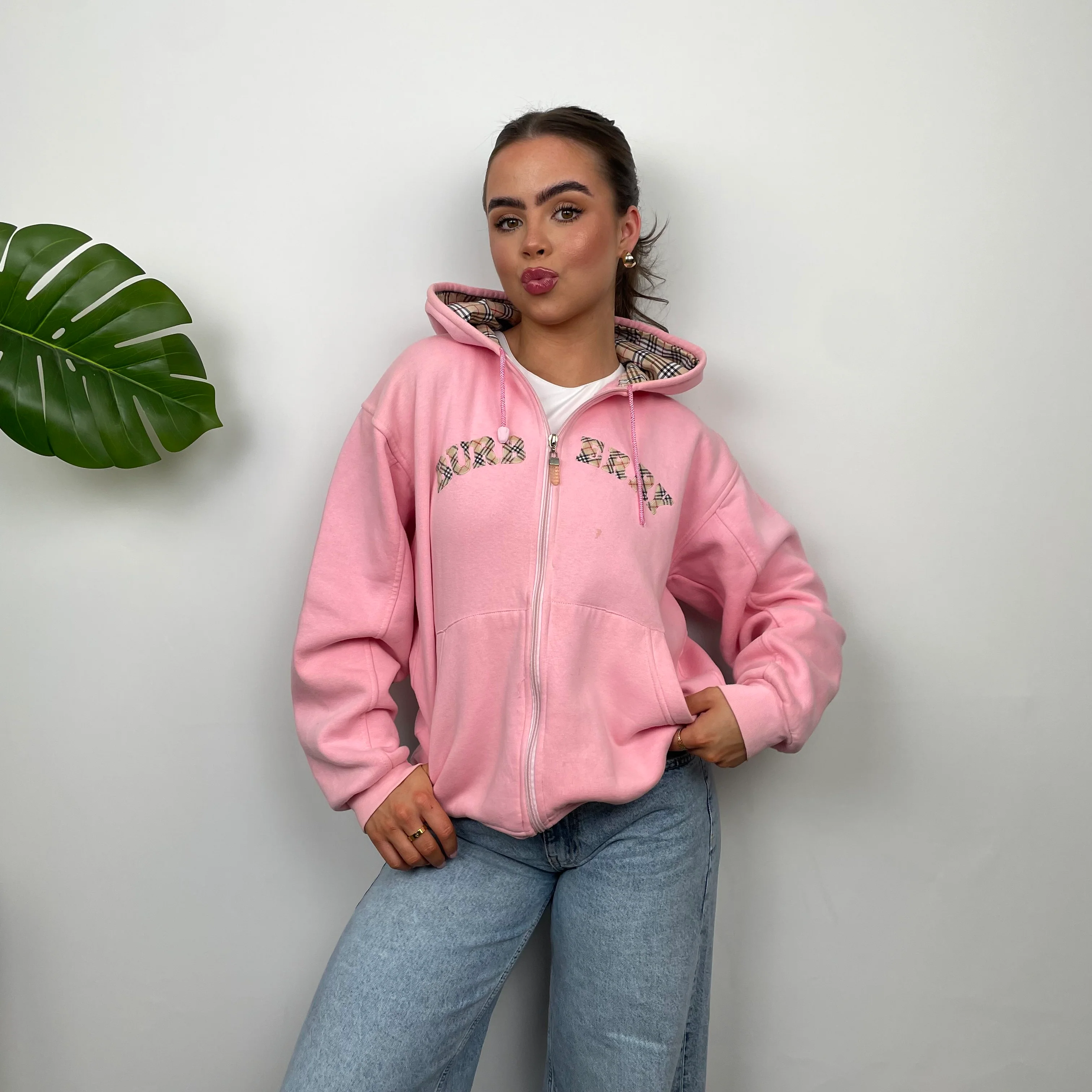 Burberry Pink Embroidered Logo Zip Up Sweatshirt (S) - Image 4
